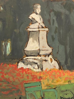Statue in Parisian Park, signed French Impressionist Oil Painting