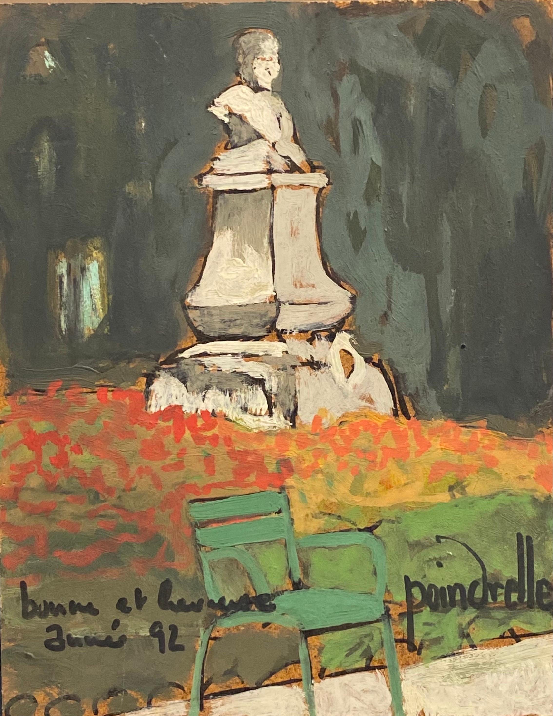Statue dans un parc parisien, peinture à l'huile impressionniste française signée