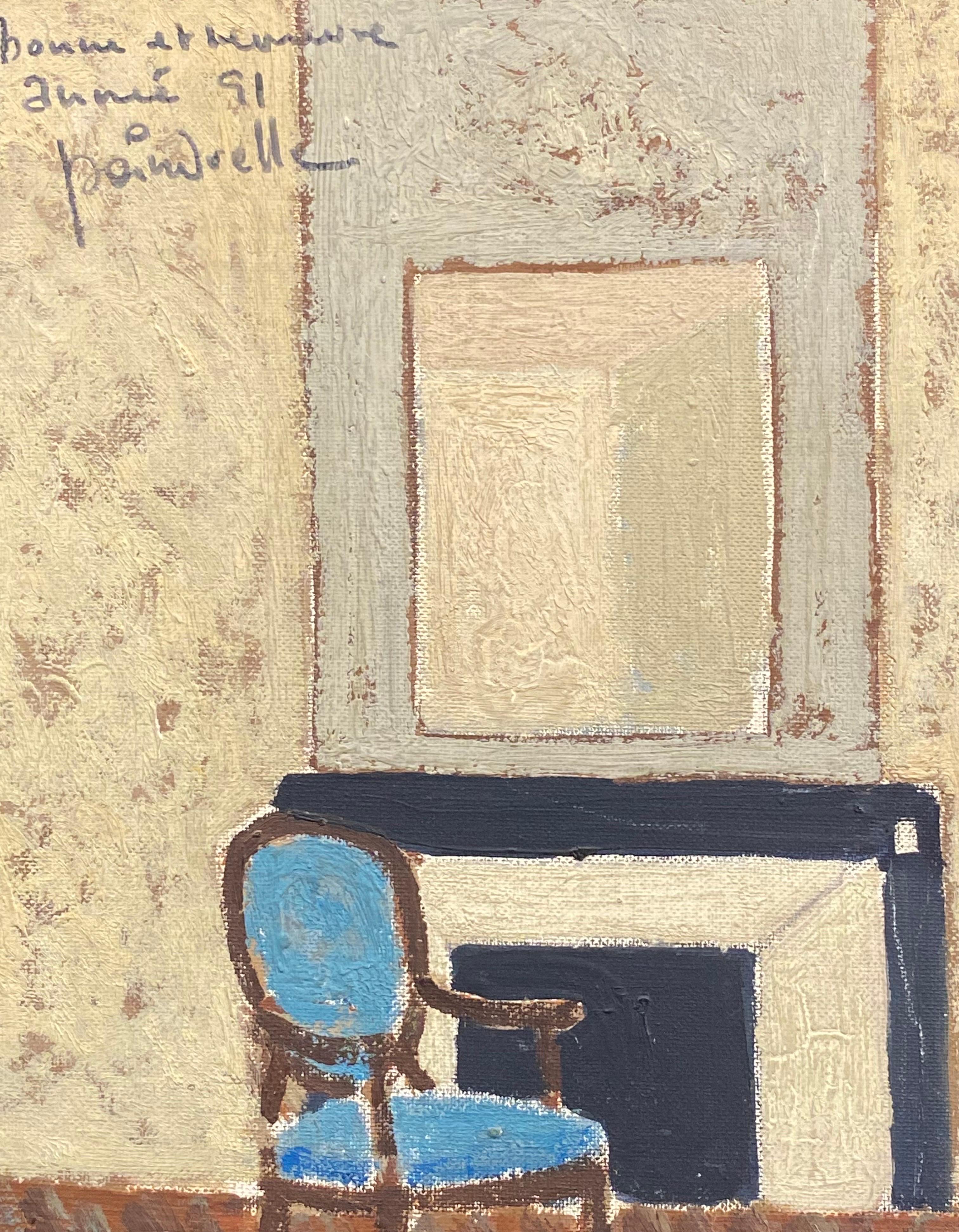 The Blue Chair, scène d'intérieur moderniste signée - Painting de Patrice Poindrelle