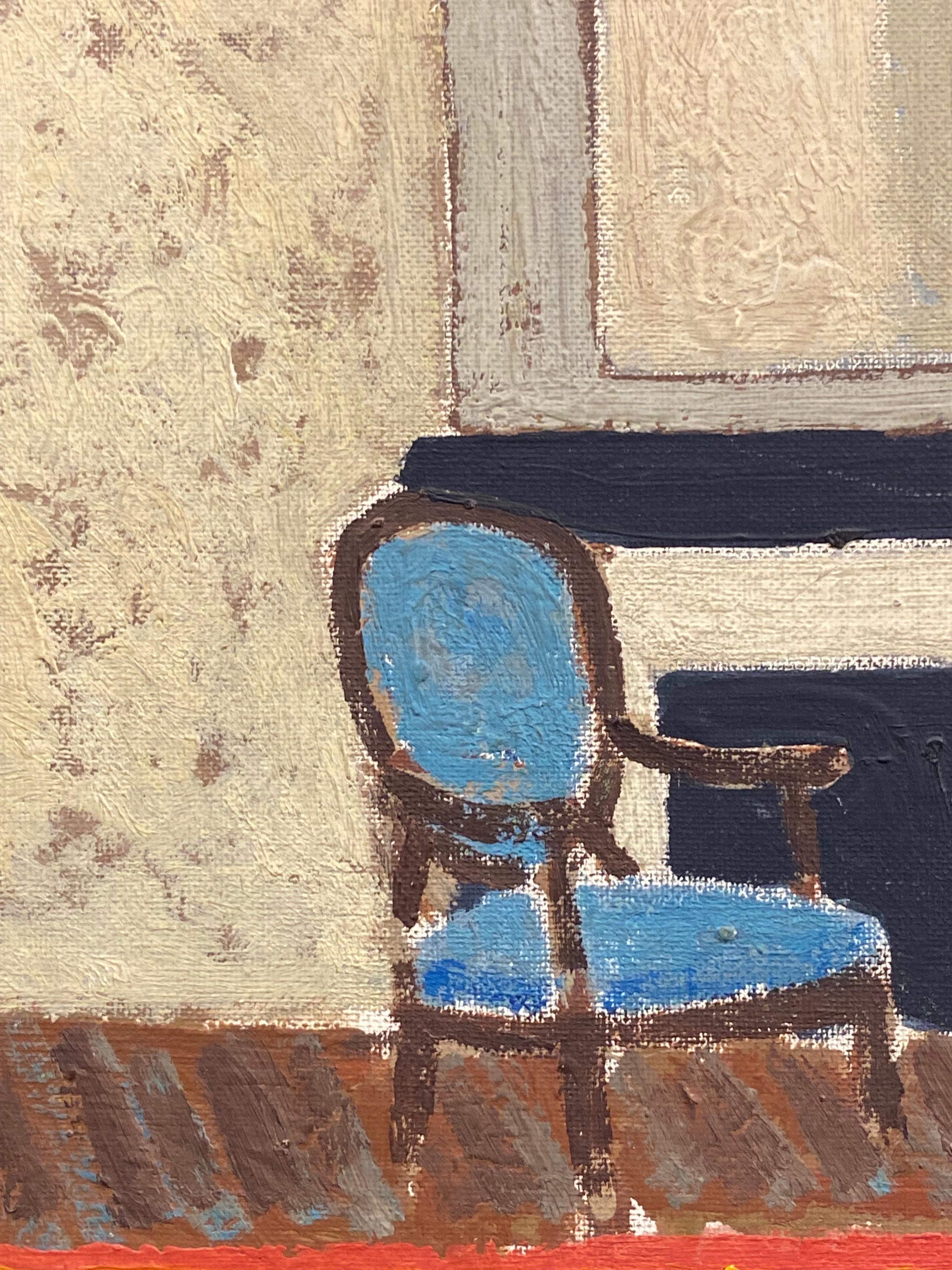 The Blue Chair, scène d'intérieur moderniste signée - Beige Still-Life Painting par Patrice Poindrelle