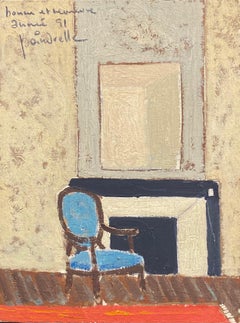 The Blue Chair, Modernist Interior Scene Signed French Oil Painting