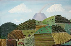 Naive Farmland Scene with Rolling Hills and Volcano - Original Oil Painting