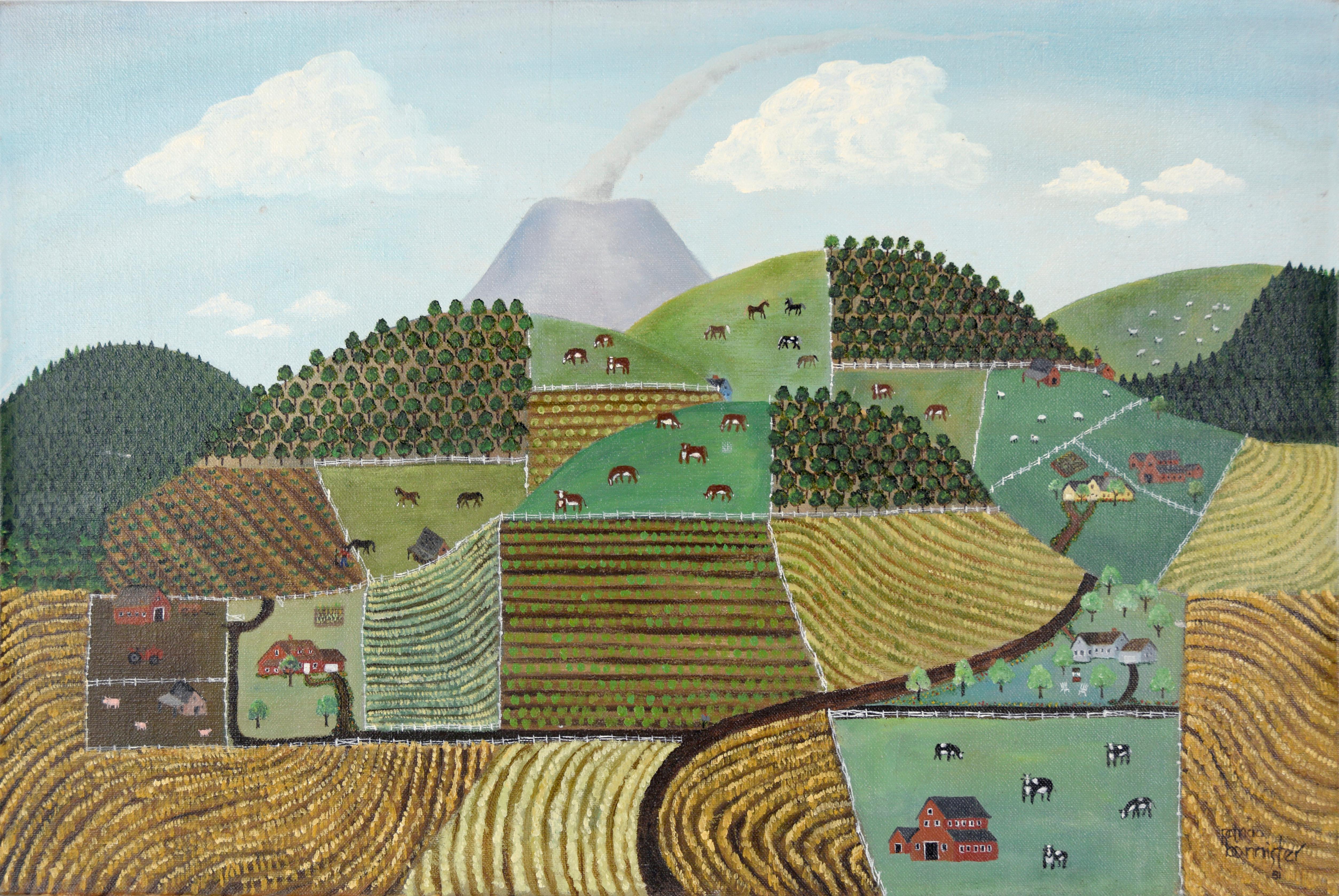 Landscape Painting Patricia A. Bannister - Naive Farmland Scene with Rolling Hills and Volcano - Original Oil Painting