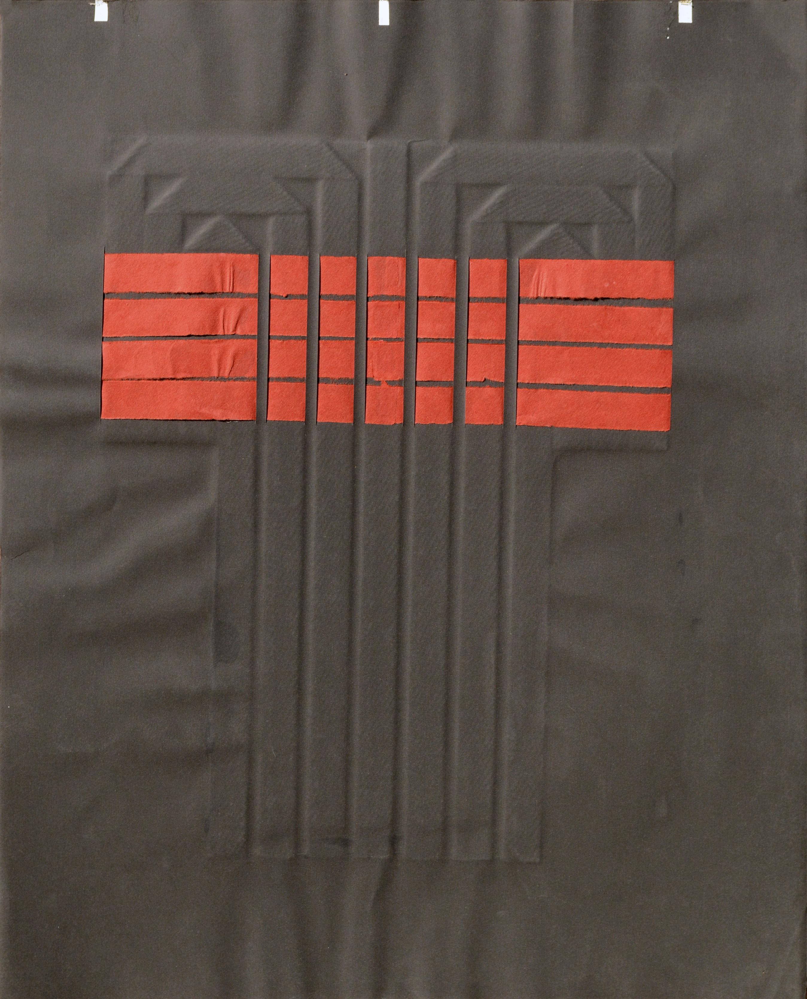 Paper applique kimono with red paper strips by Patricia A. Pearce (American, b. 1948). Numbered, titled, and signed along the bottom edge (