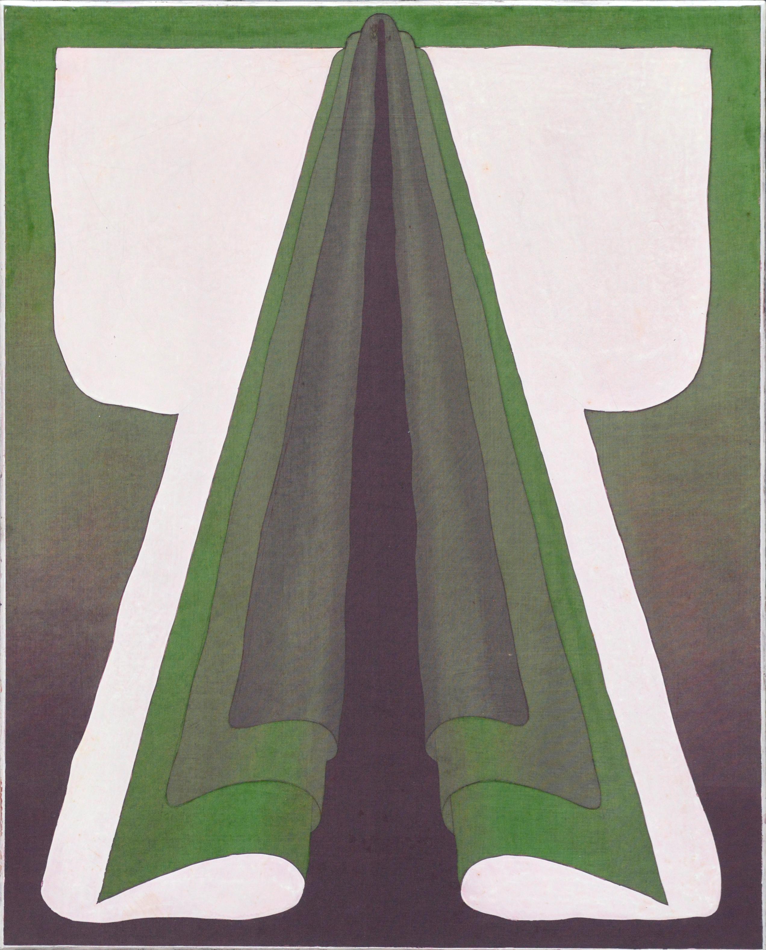 Figurative Painting Patricia A Pearce - Collagraphe moderne de kimono géométrique abstrait vert, blanc et noir, planche n° 1