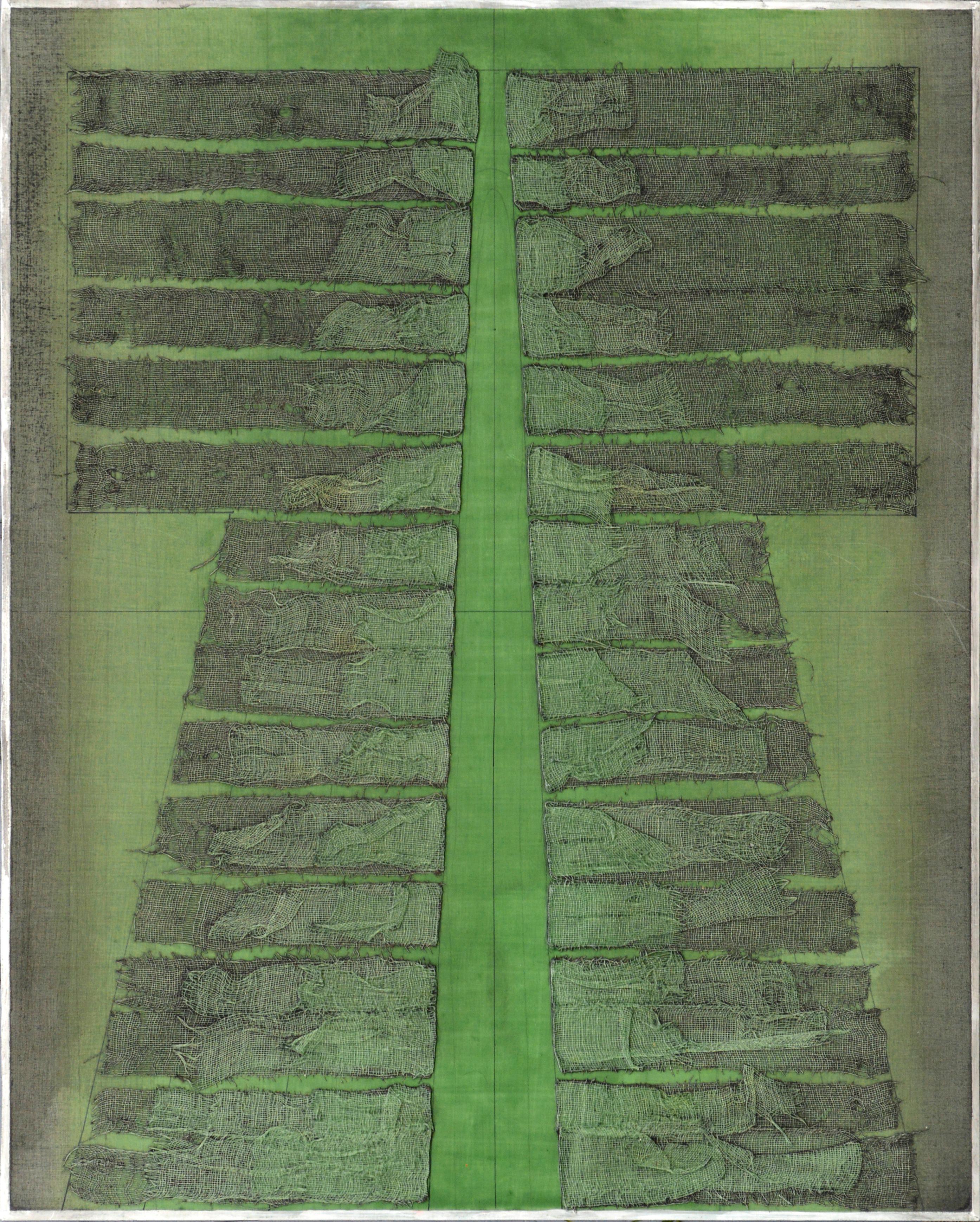Patricia A Pearce Figurative Painting - Green Kimono Collagraph, Master Plate 14 - Modern Minimal Geometric Mixed Media