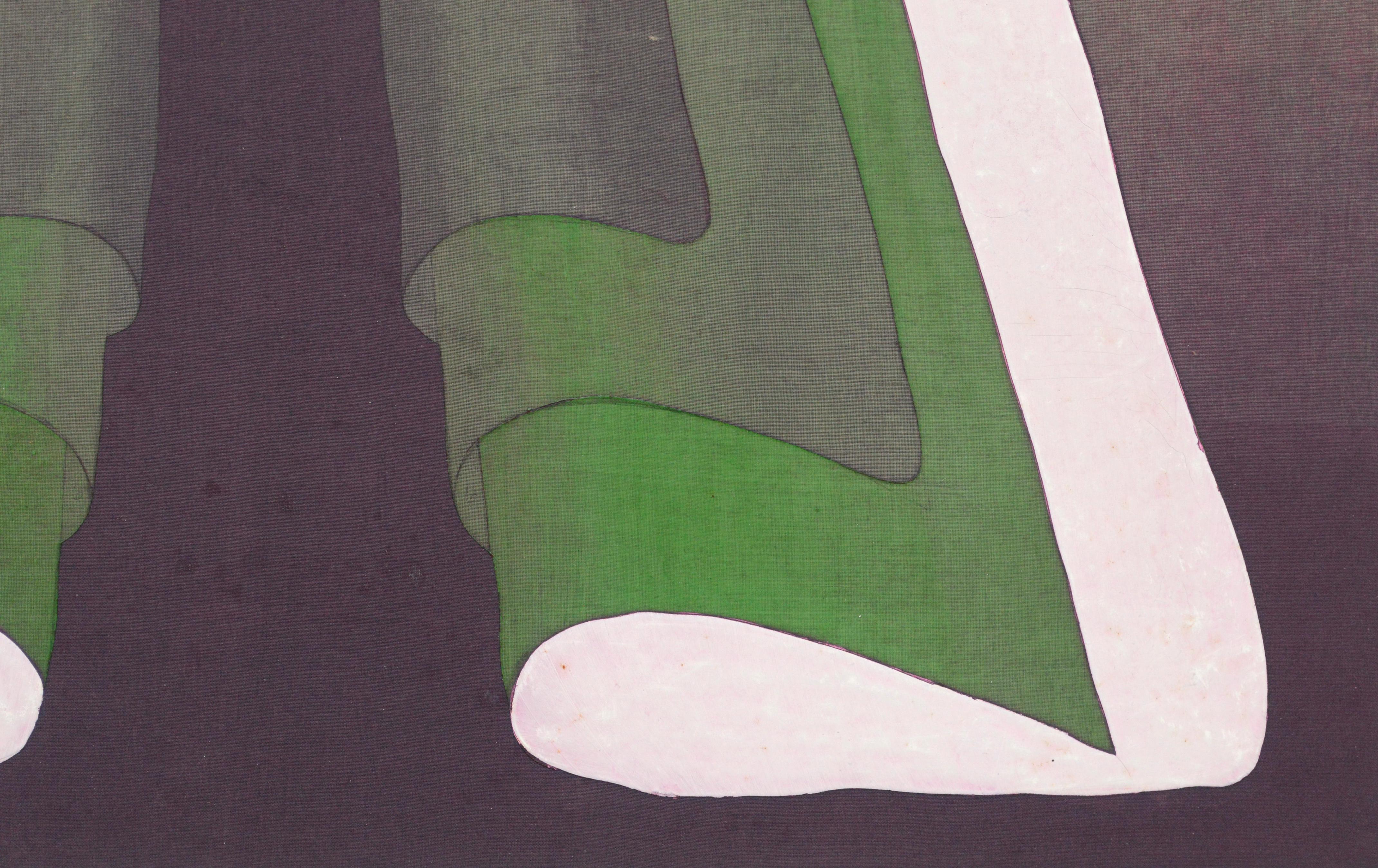 Modern Green, White & Black Abstract Geometric Kimono Collagraph, Masterplate #1 - Op Art Painting by Patricia A Pearce