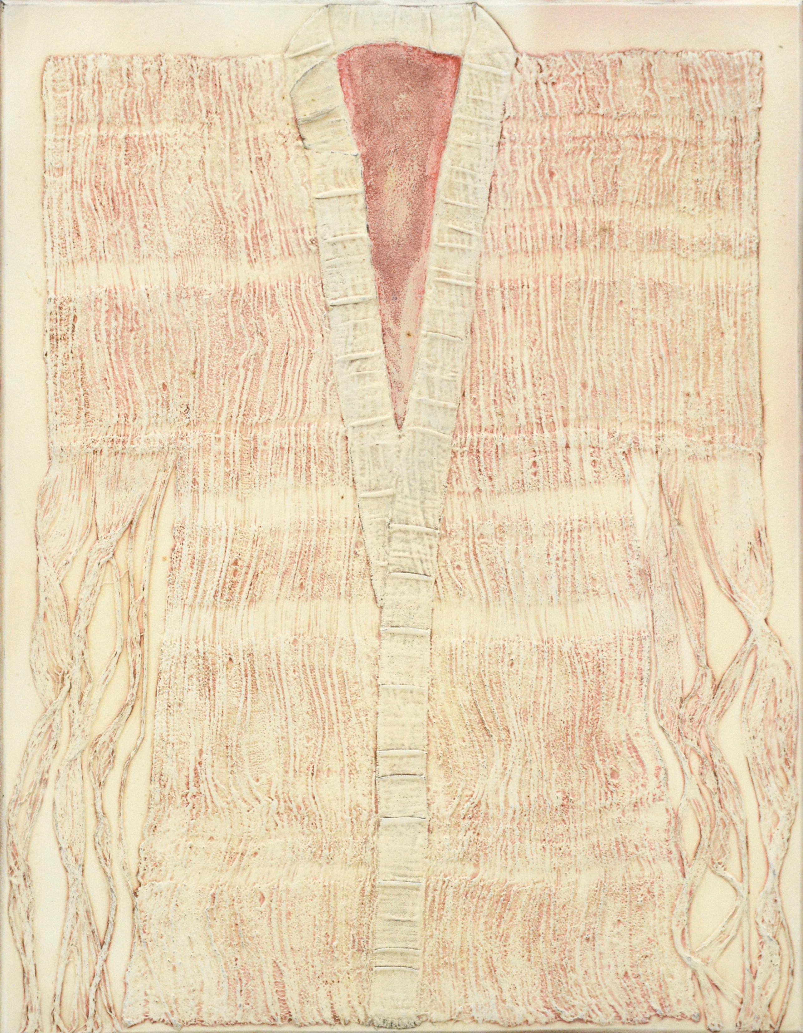 Kimono moderno de técnica mixta texturizada en rubor neutro, Placa maestra de colagrafía n.º 2