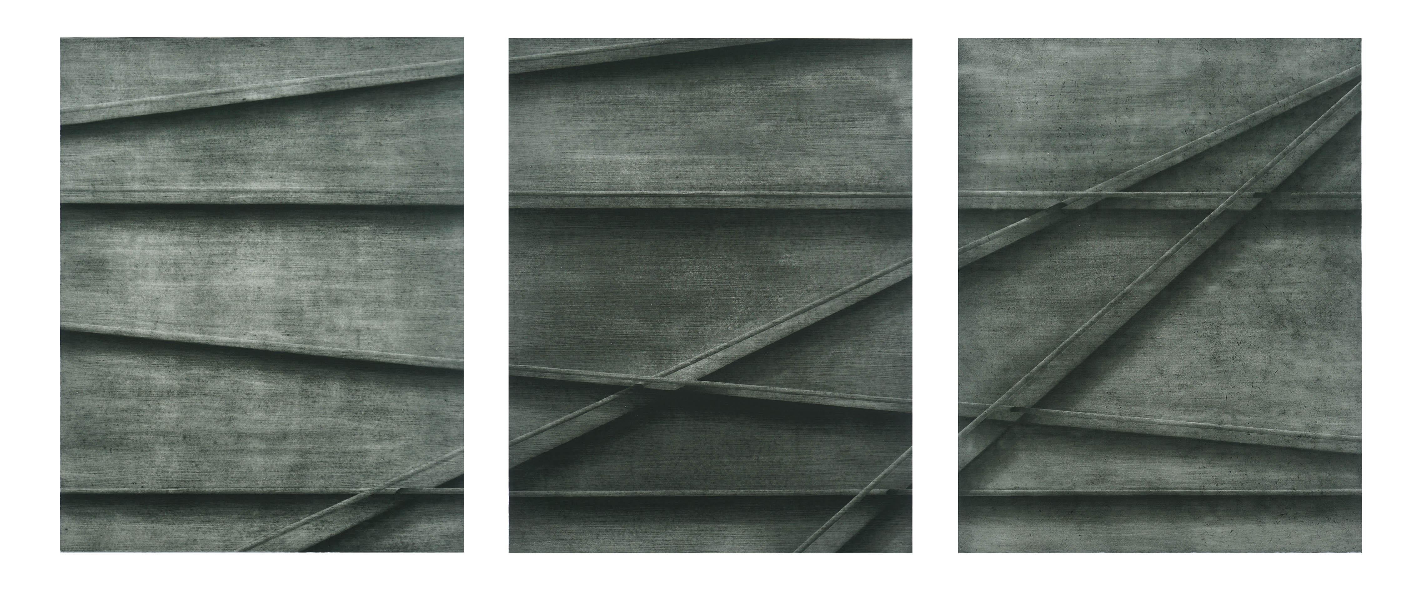 Patricia A Pearce Abstract Painting - Black and Grey Rods Collotype Triptych