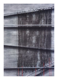 Black Mesh and Red Ribbon Collotype Abstract Triptych