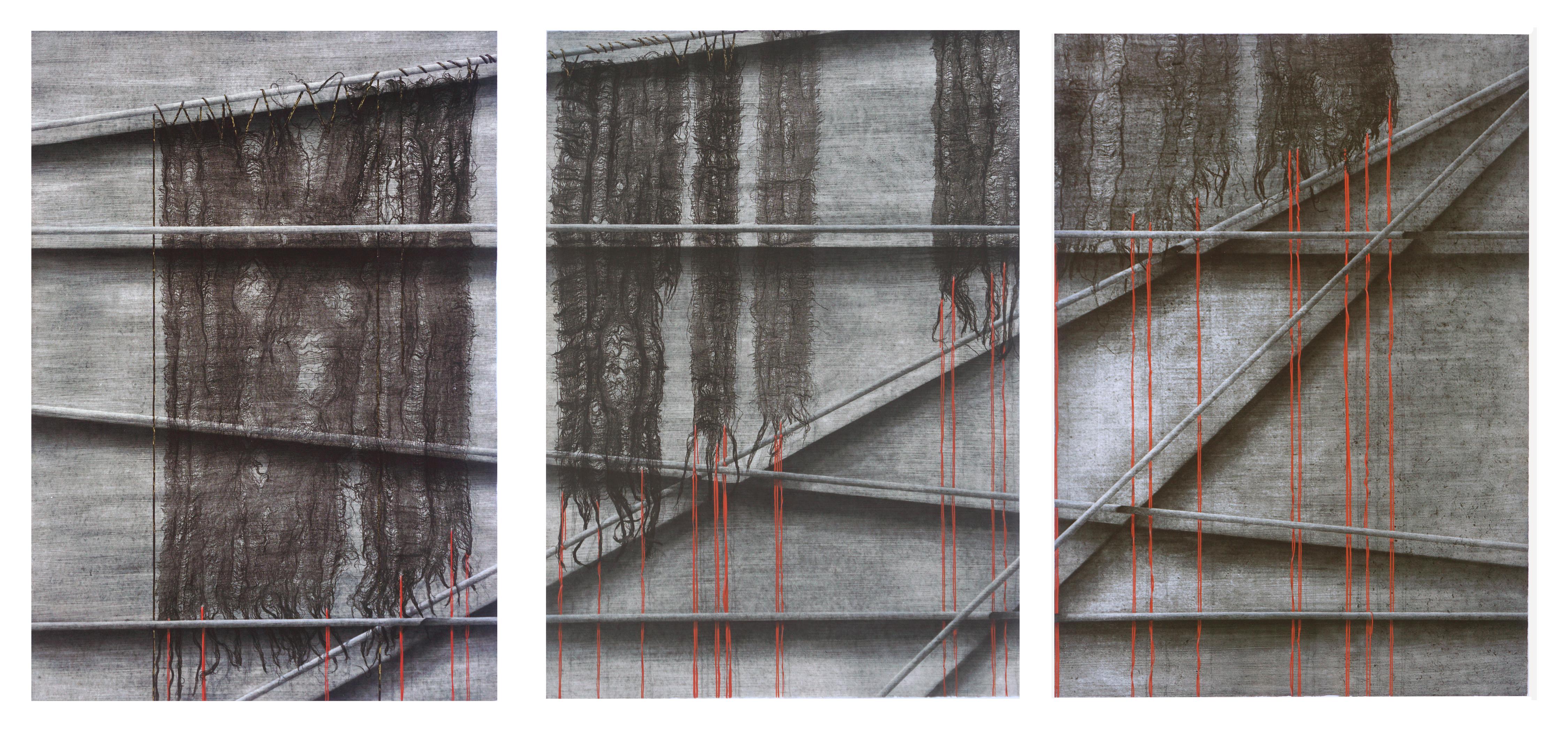 Patricia A Pearce Abstract Painting – Schwarzes Netz und rote Schleife Lichtdruck abstraktes Triptychon