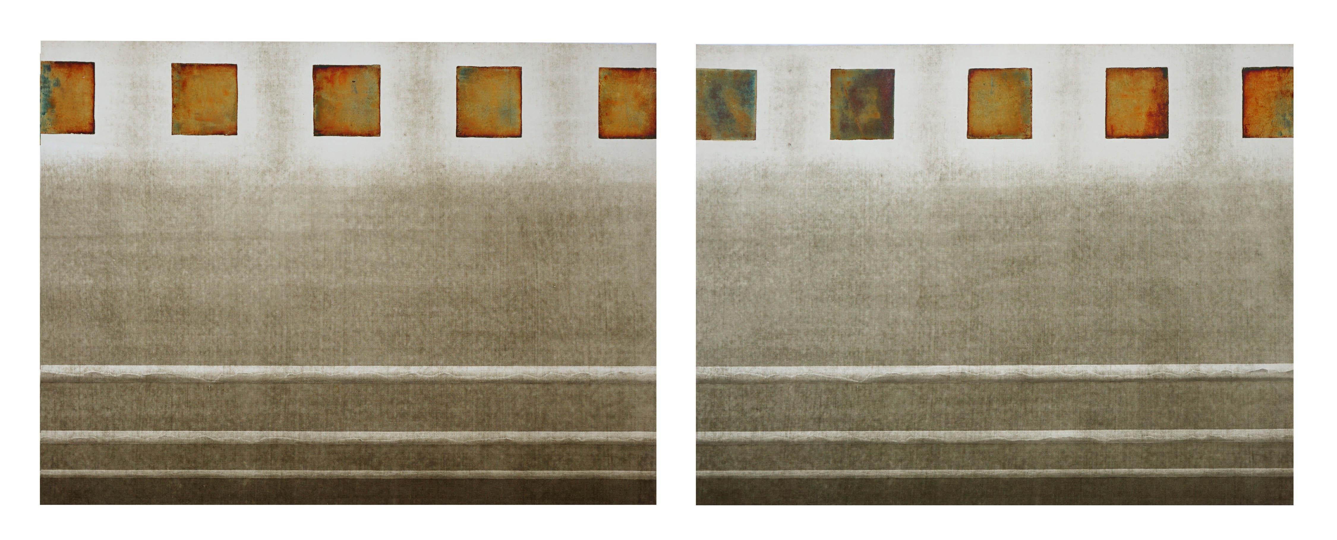 Unusual and stunning collotype diptych (2 panels) abstract composition of subtle bronze gilding blocks by Patricia A. Pearce (American, b. 1948). Diptych can be installed horizontal and vertically. Unsigned. Purchased as part of artist's collection.