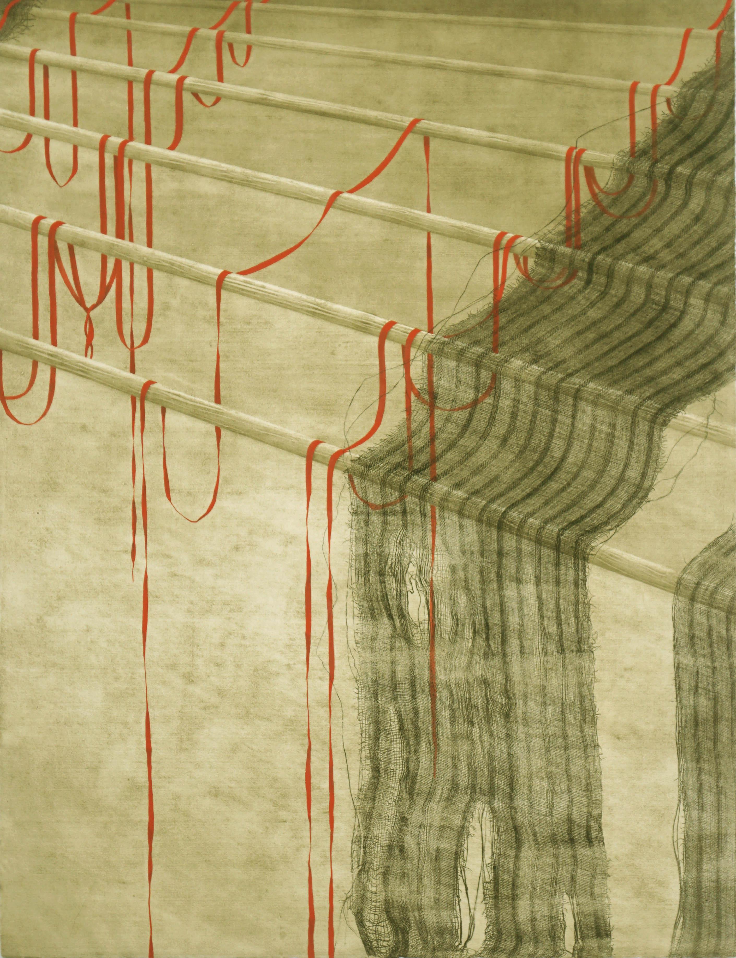 Red Ribbons and Rods Collograph Triptych II/IV - Abstract Geometric Painting by Patricia A Pearce