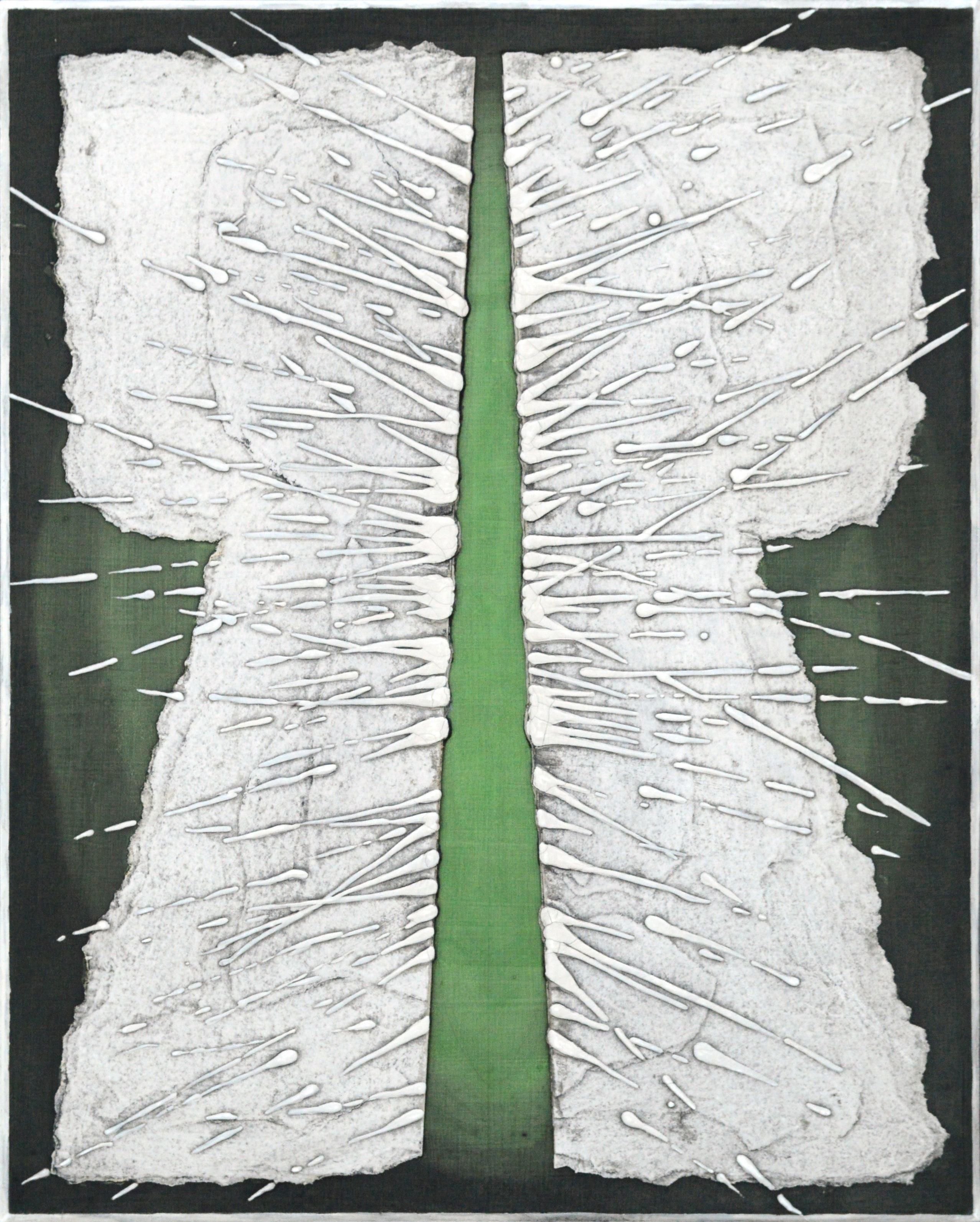 Modern Geometric Green & White Kimono, Abstract Expressionist Collagraph