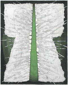 Modern Geometric Green & White Kimono, Abstract Expressionist Collagraph