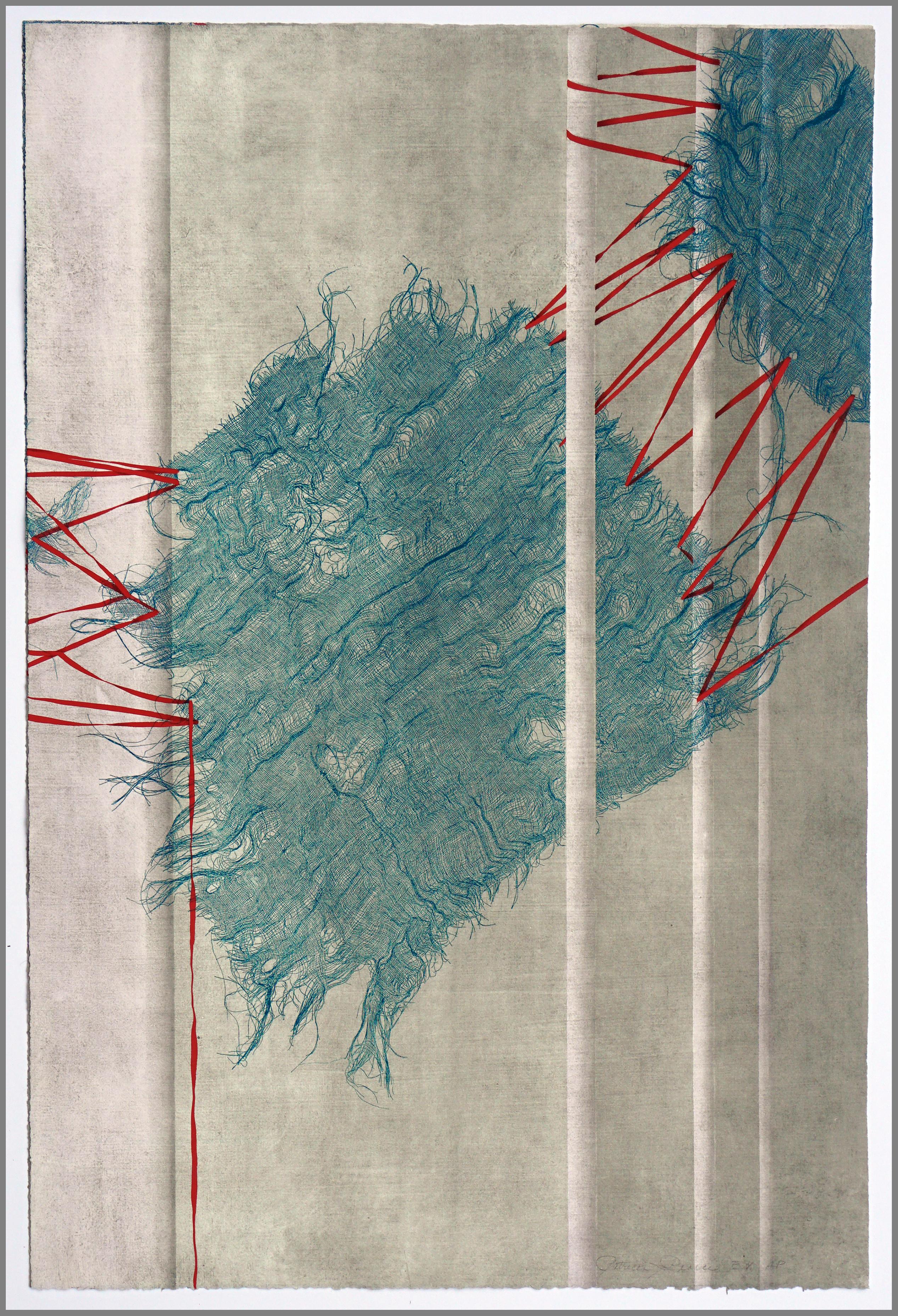 Blaugrünes Netz und rotes Band Lichtdruck Abstraktes Diptychon – Painting von Patricia A Pearce