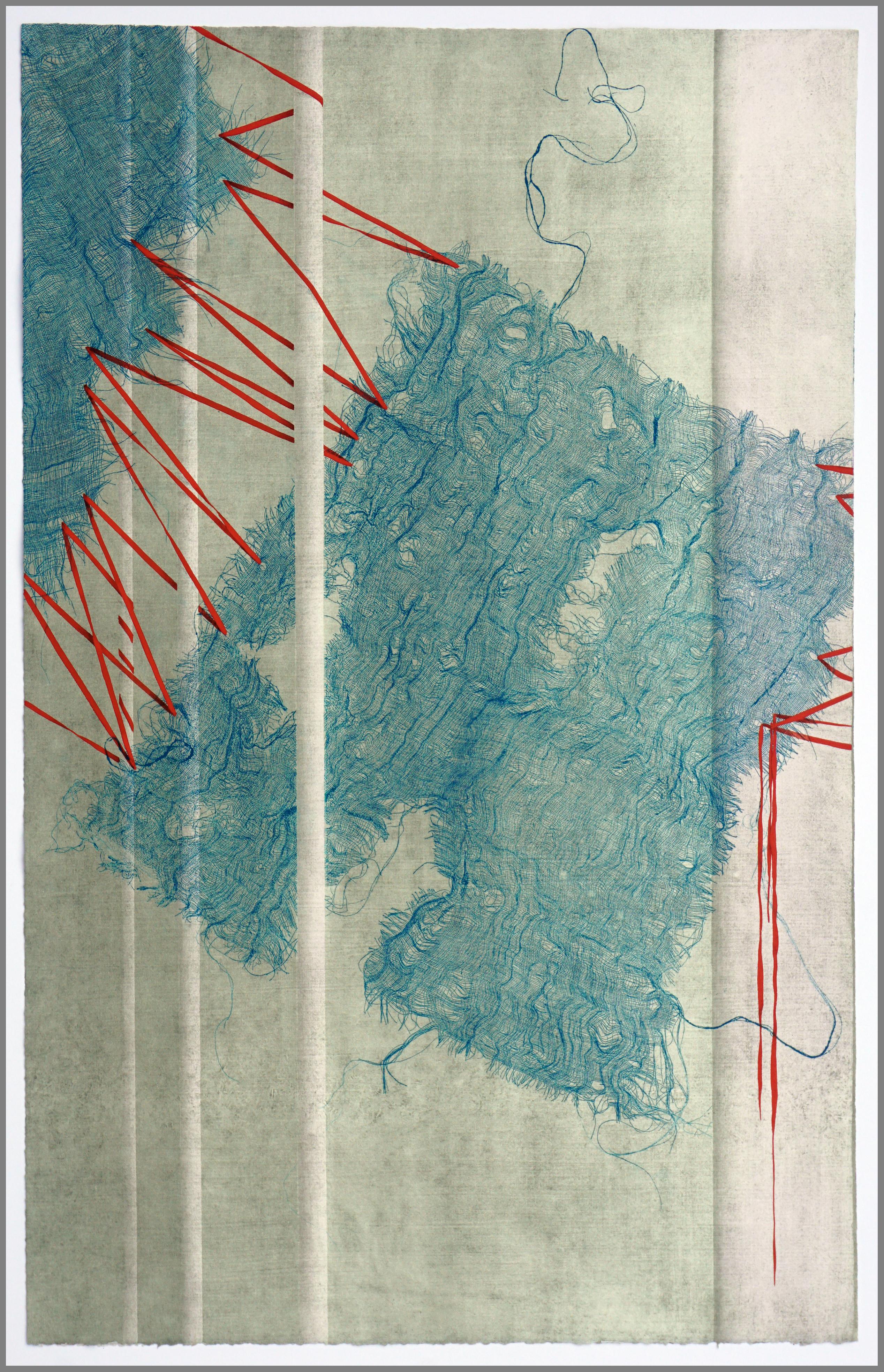 Blaugrünes Netz und rotes Band Lichtdruck Abstraktes Diptychon (Geometrische Abstraktion), Painting, von Patricia A Pearce