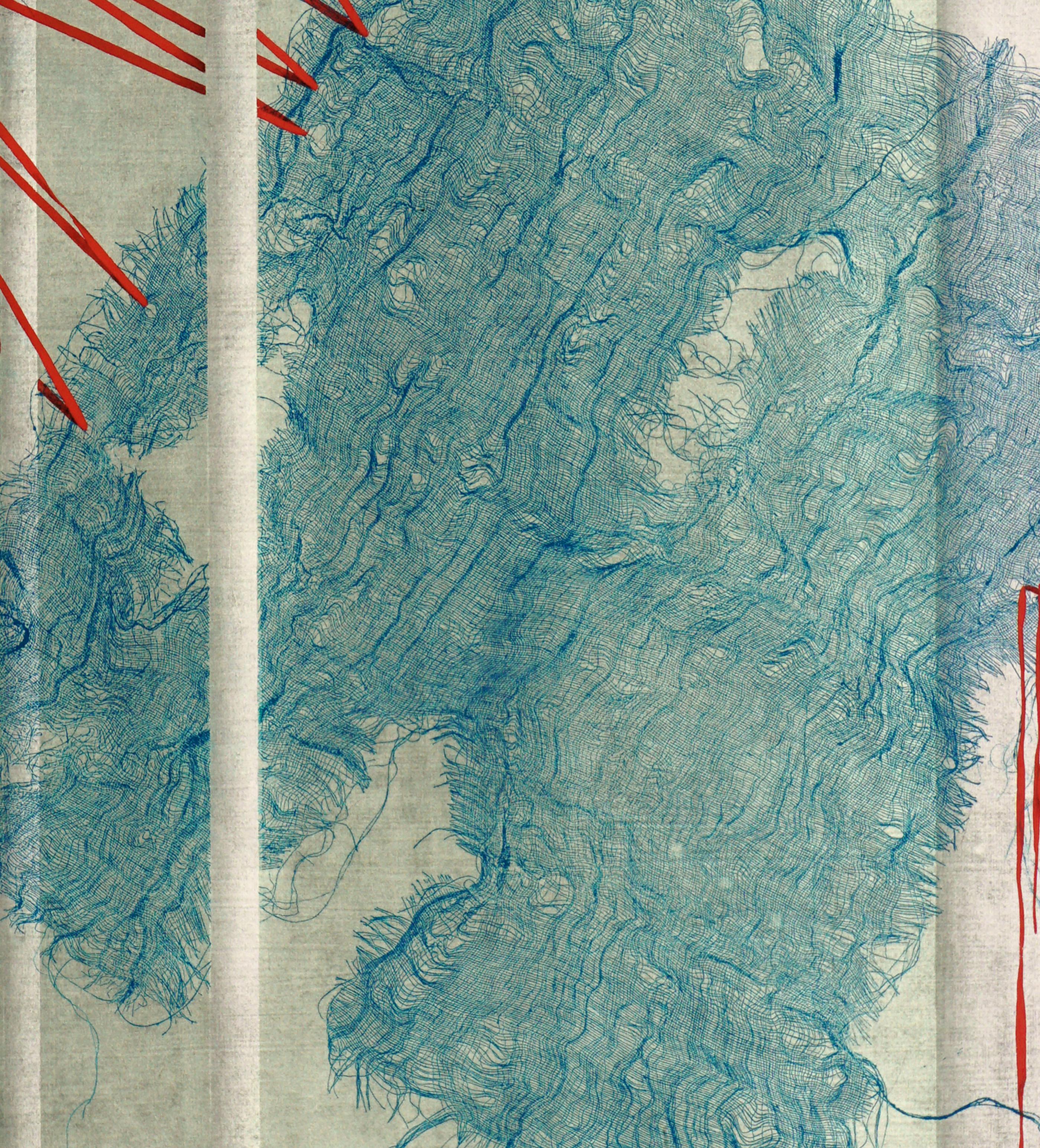 Atemberaubende abstrakte Komposition aus blaugrünem Netz und roten Bändern von Patricia A. Pearce (Amerikanerin:: geb. 1948). Dieses Stück ist ein künstlerischer Beweis. Unten rechts auf der rechten Tafel signiert. Präsentiert in einer neuen antiken