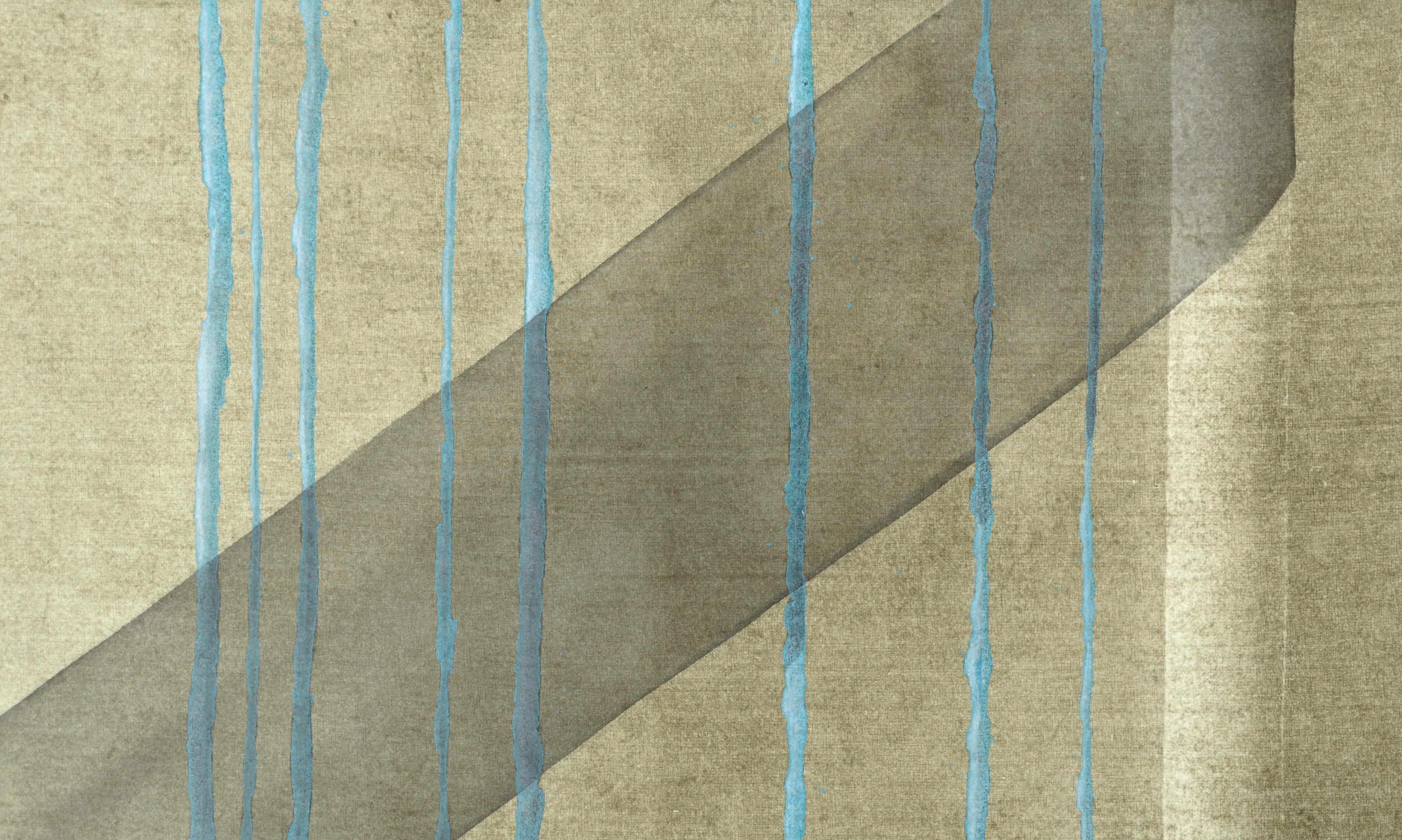 Black Ribbon with Teal Strands - Hand Augmented Collotype - Blue Abstract Print by Patricia A Pearce