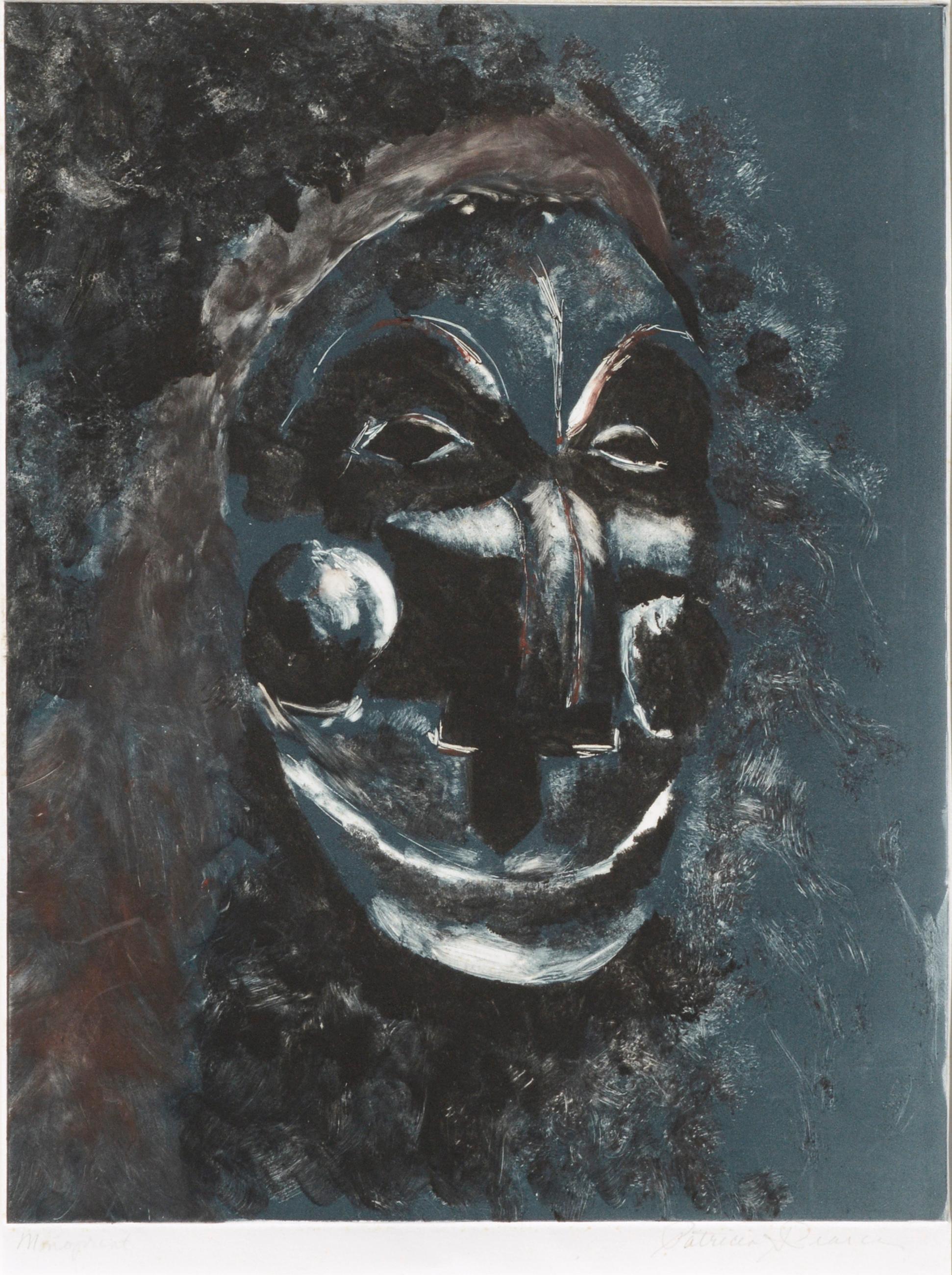 Blue Mask Hand-Altered Monoprint - Print by Patricia A Pearce