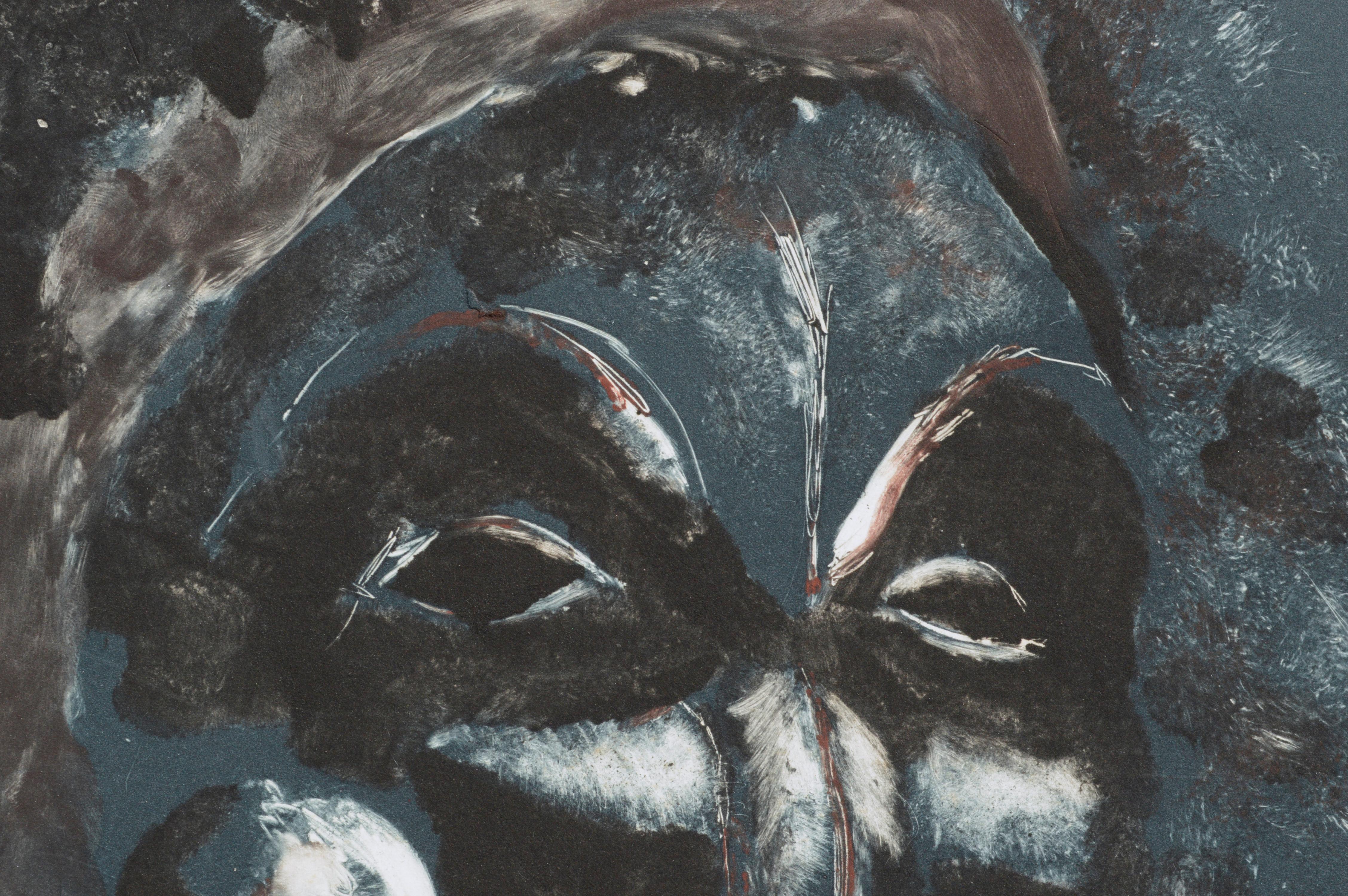 Masque bleu - Monoimpression altérée à la main - Impressionnisme abstrait Print par Patricia A Pearce