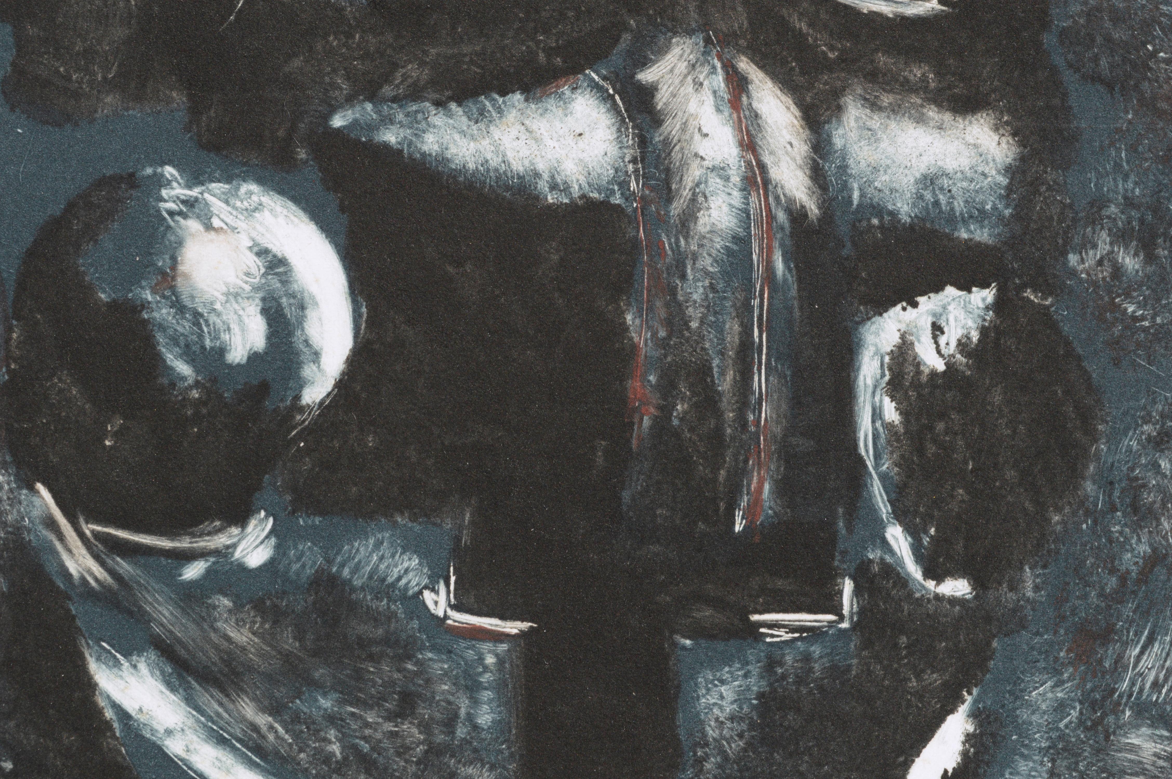 Masque bleu - Monoimpression altérée à la main - Noir Abstract Print par Patricia A Pearce