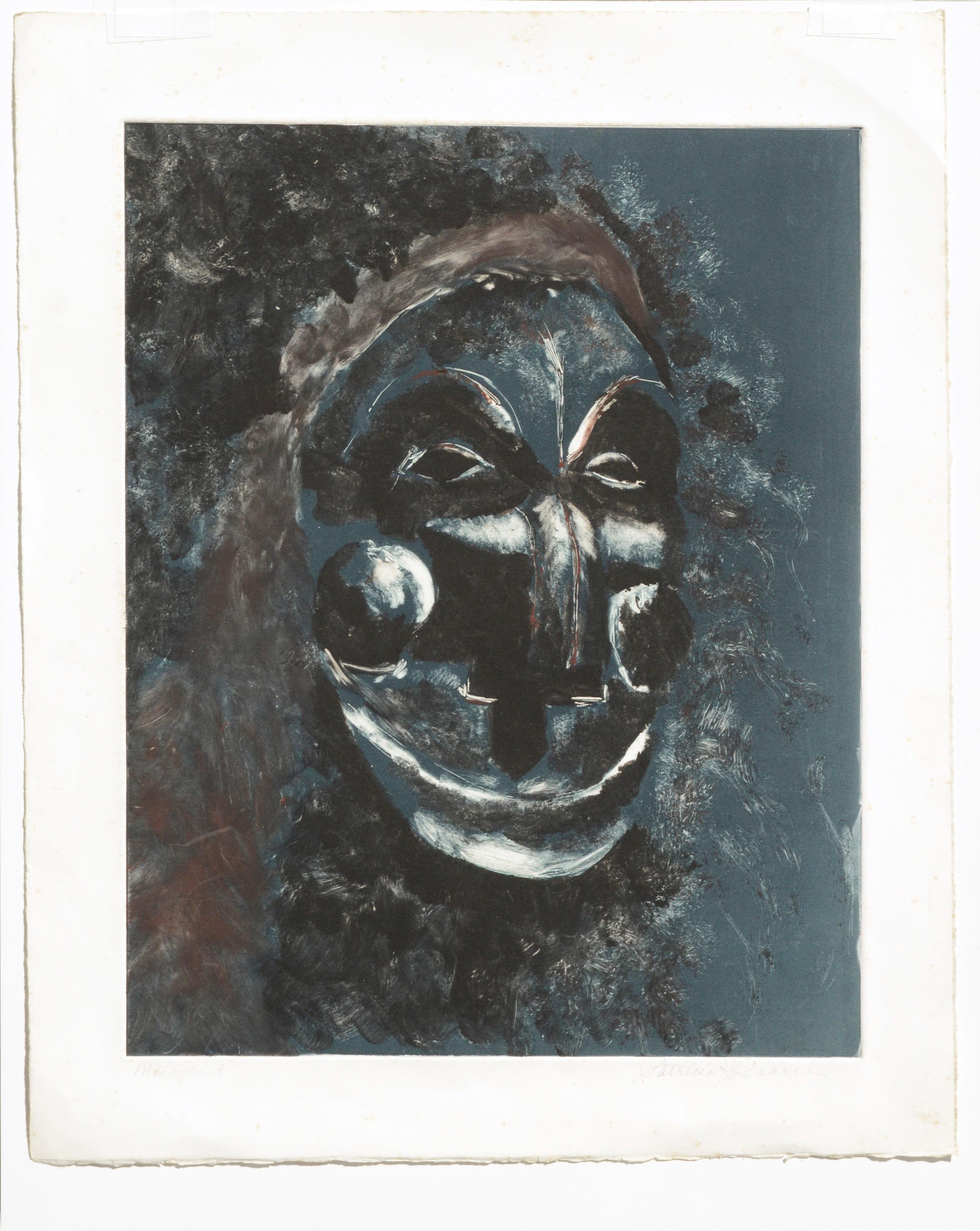 Blue Mask Hand-Altered Monoprint For Sale 1