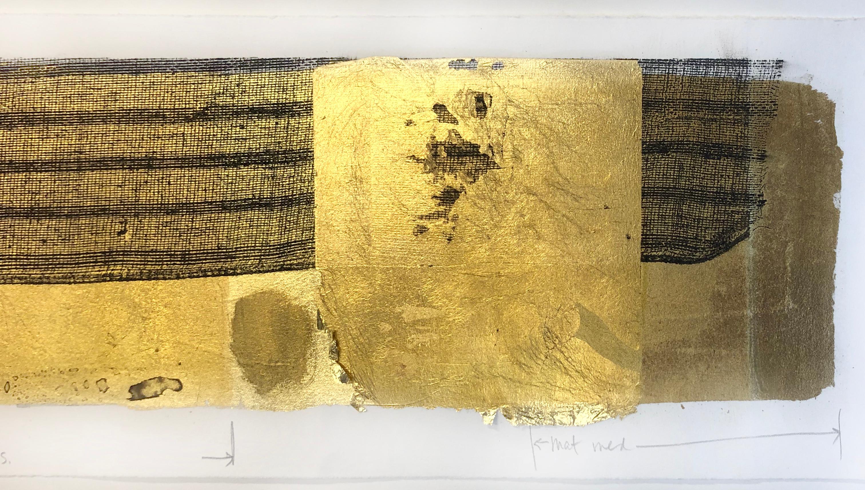 Stunning horizontal abstracted mesh and gold-leaf lithograph on heavy bond paper with artist's protocol notes (for future projects) by Patricia A. Pearce (American, b. 1948). Unsigned. Purchased as part of artist's estate/collection. Presented in