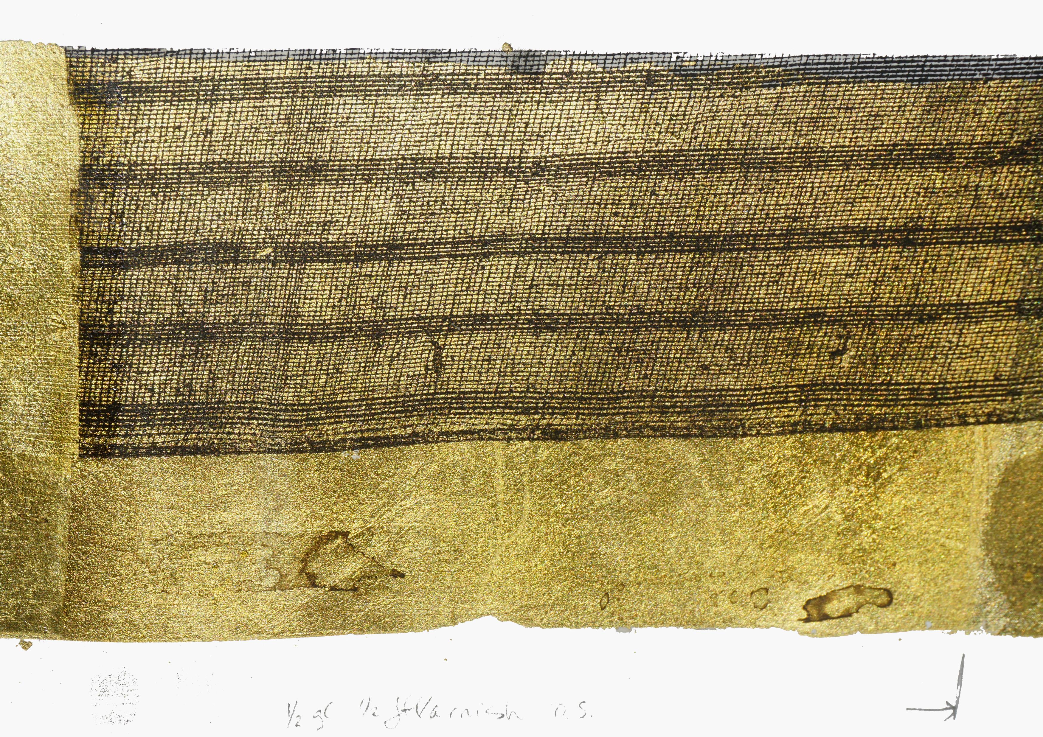 Gold Leaf and Mesh Lithograph - Gray Abstract Painting by Patricia A Pearce