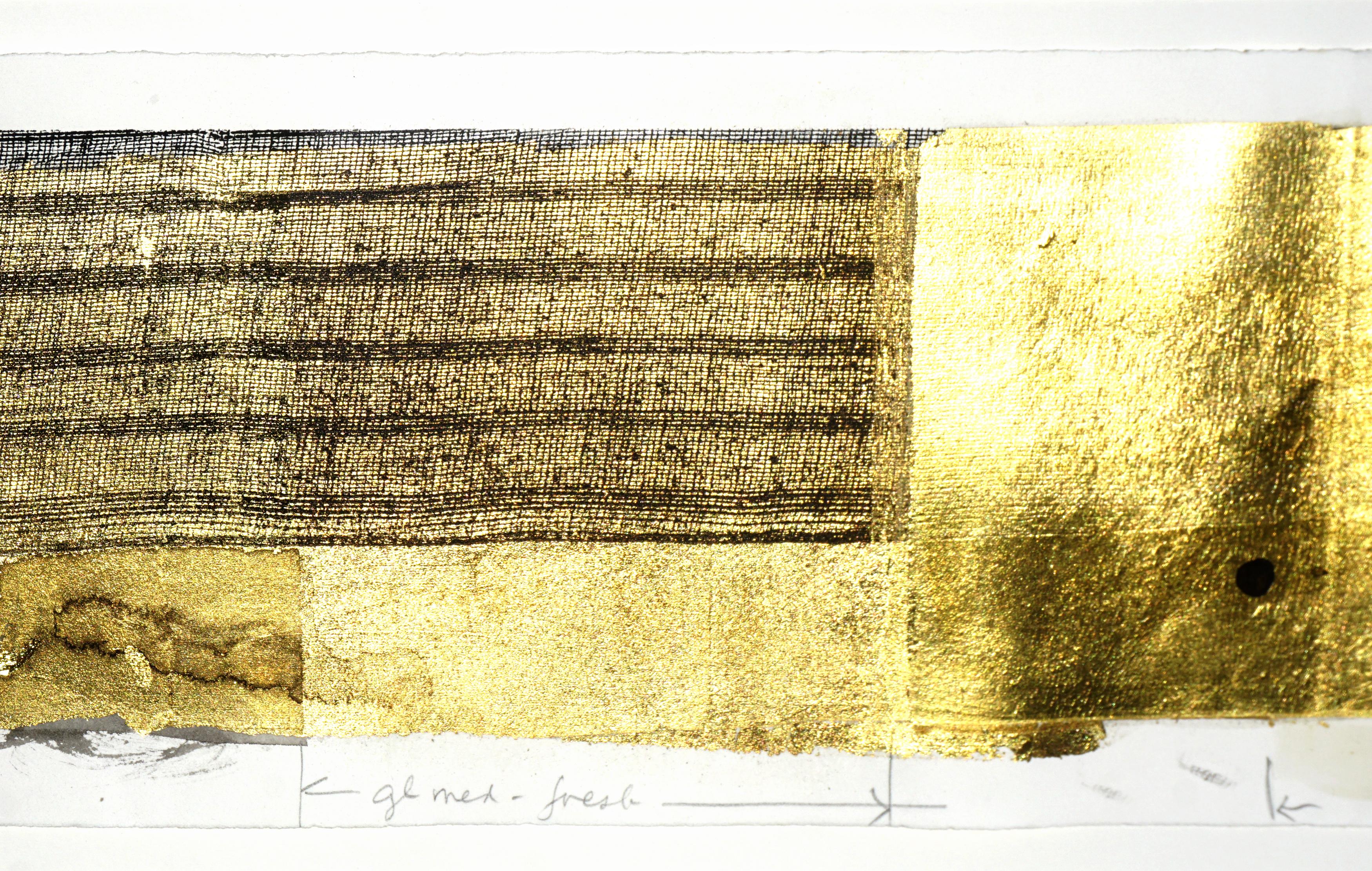 Stunning horizontal abstracted mesh and gold-leaf lithograph on heavy bond paper with artist's protocol notes (for future projects) by Patricia A. Pearce (American, b. 1948). Unsigned. Purchased as part of artist's estate/collection. Presented in