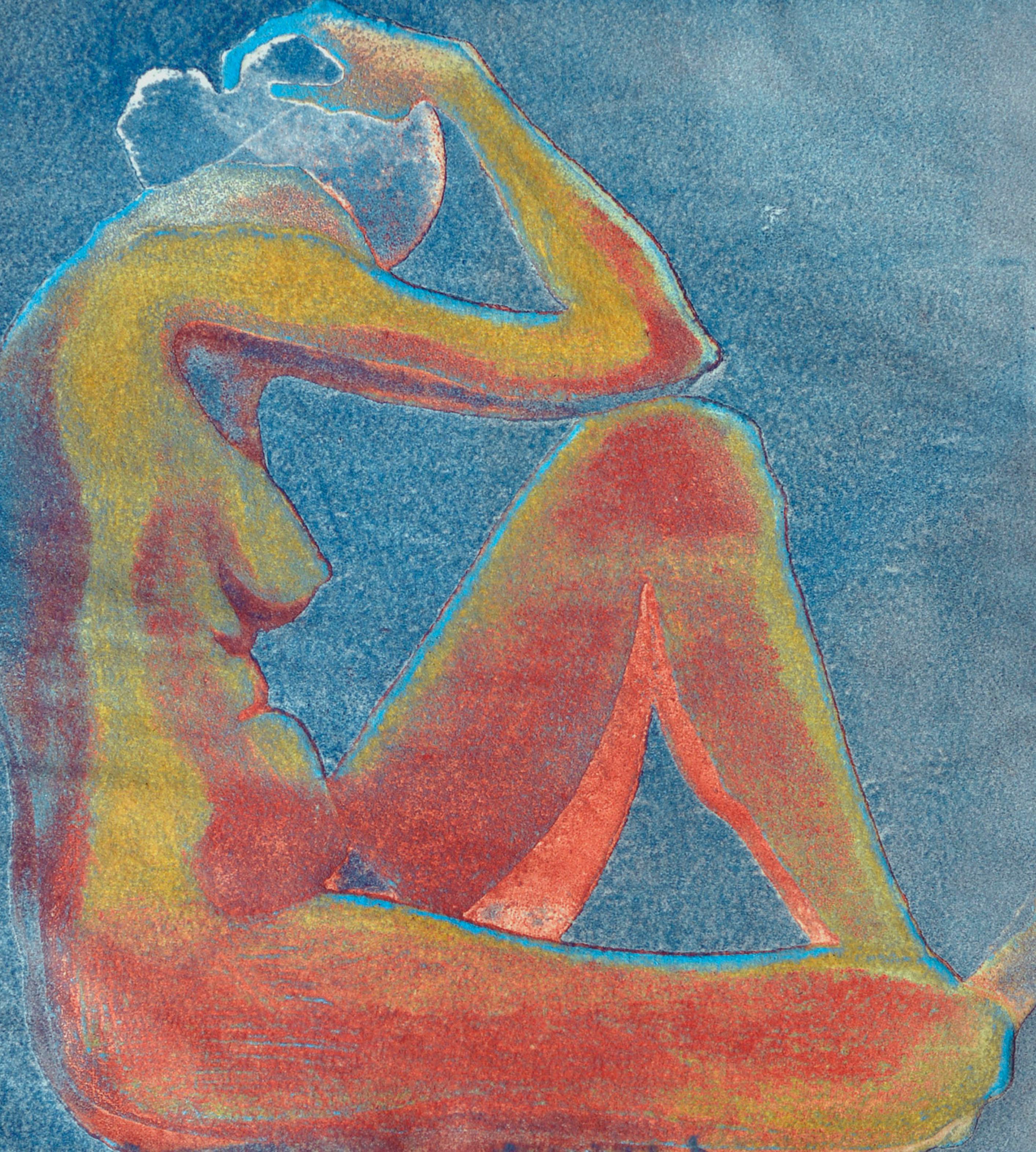 Seated Nude Figure in Red & Blue - Print by Patricia A Pearce