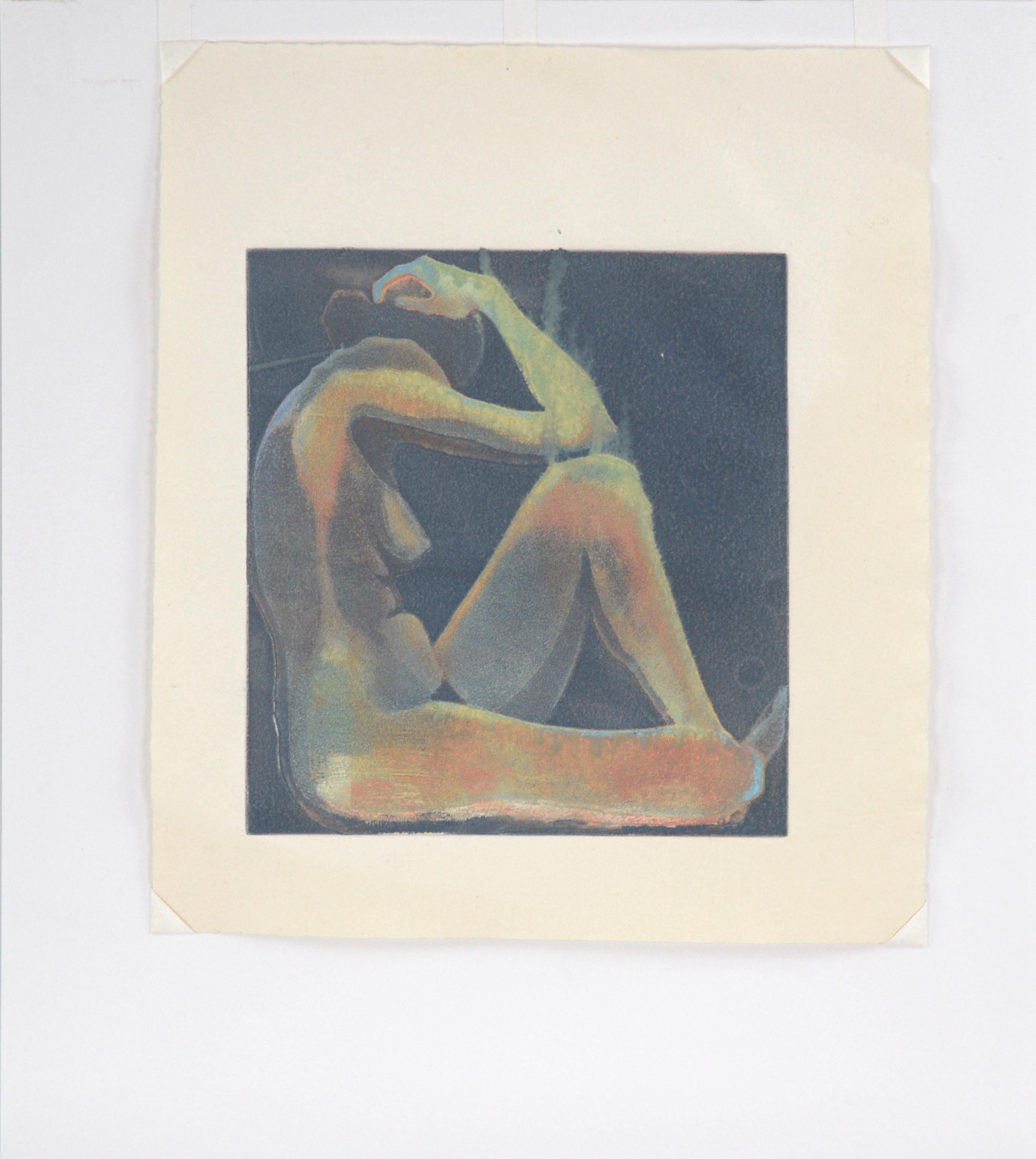 Vintage Nude Figurative - Steel Plate Monotype - Gray Figurative Print by Patricia A Pearce