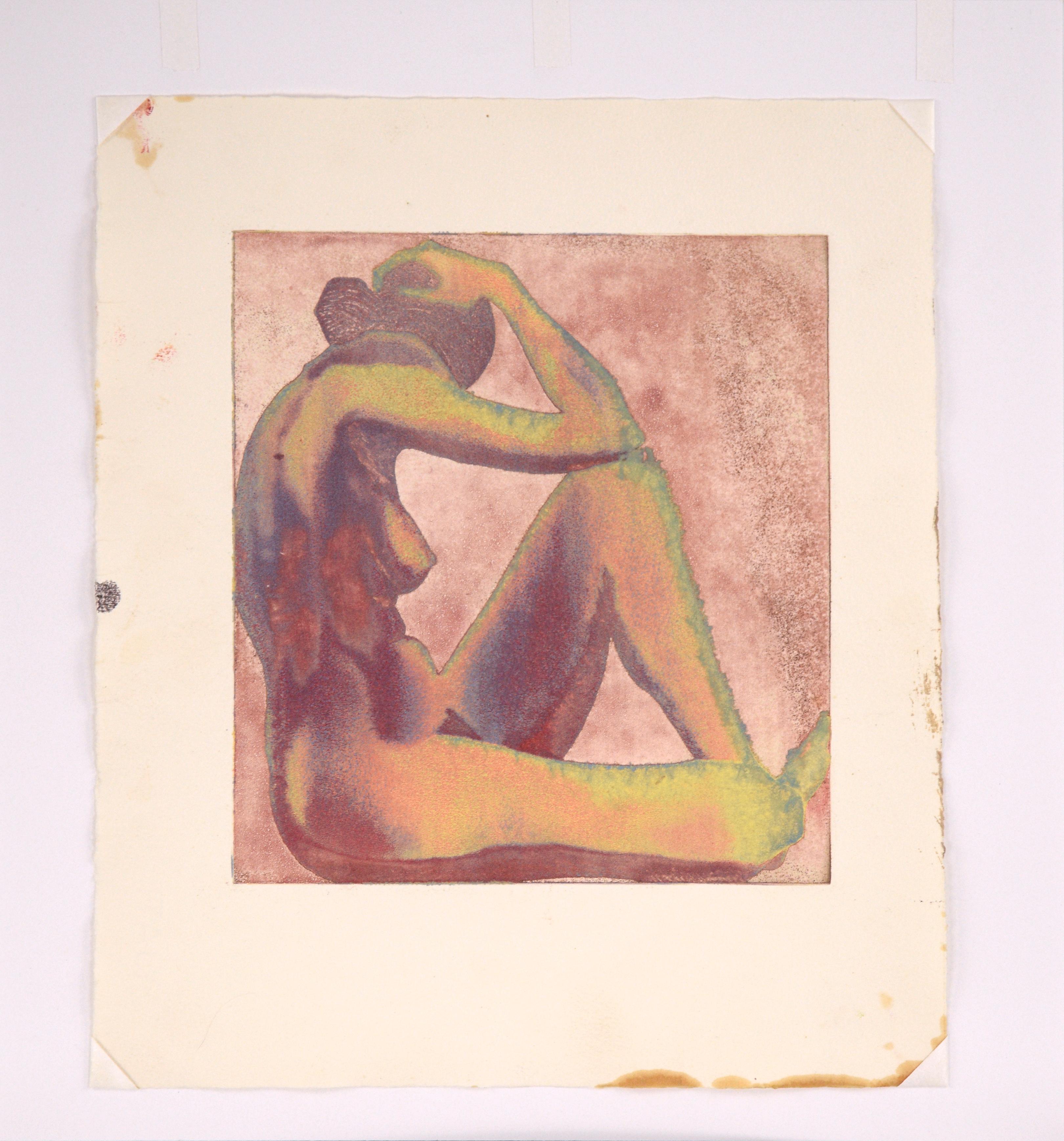 Vintage Figurative Nude - Steel Plate Etching - Orange Nude Print by Patricia A Pearce