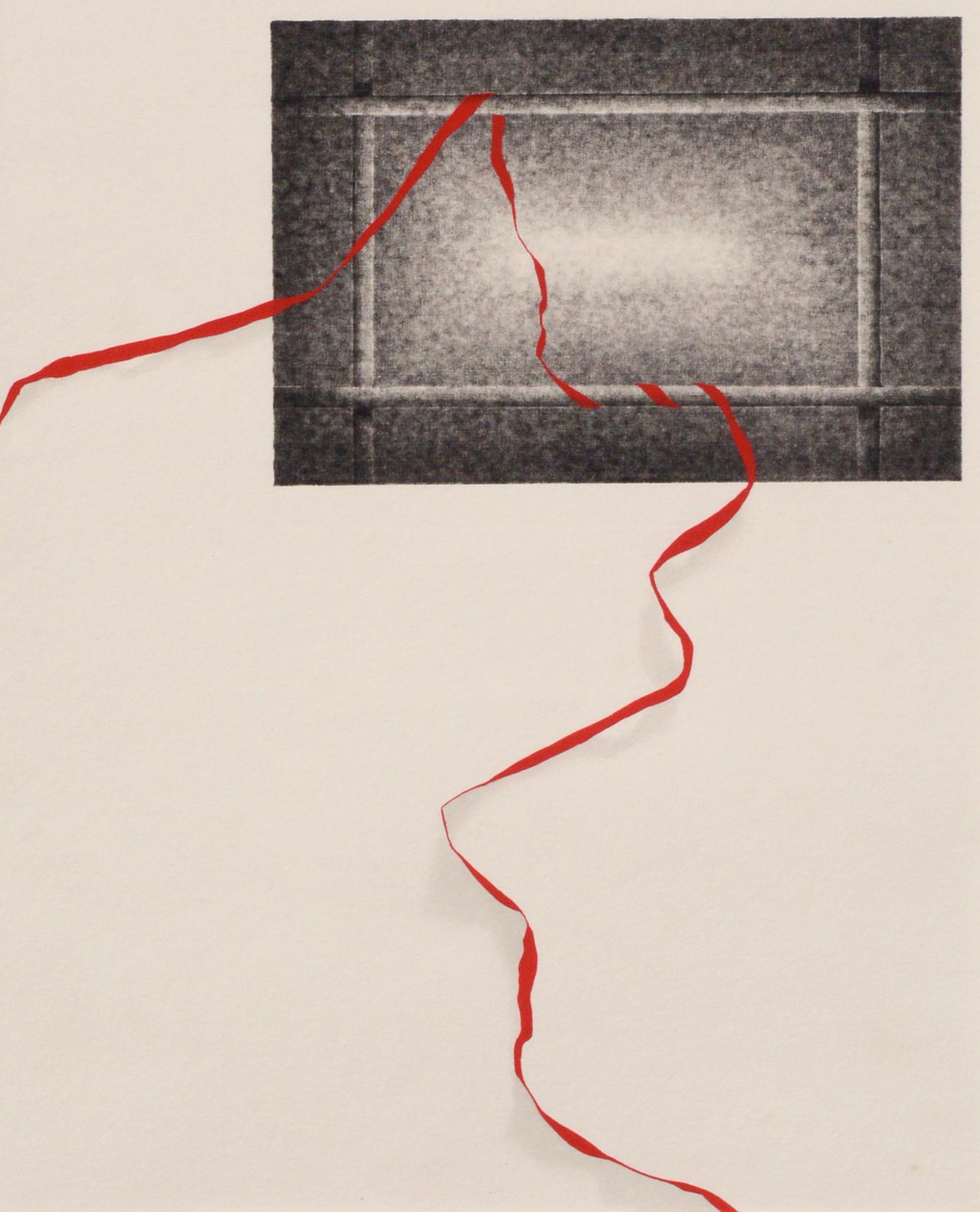 Ribbon rouge à travers la fenêtre - Exceptionnelle lithographie augmentée à la main - Print de Patricia A Pearce
