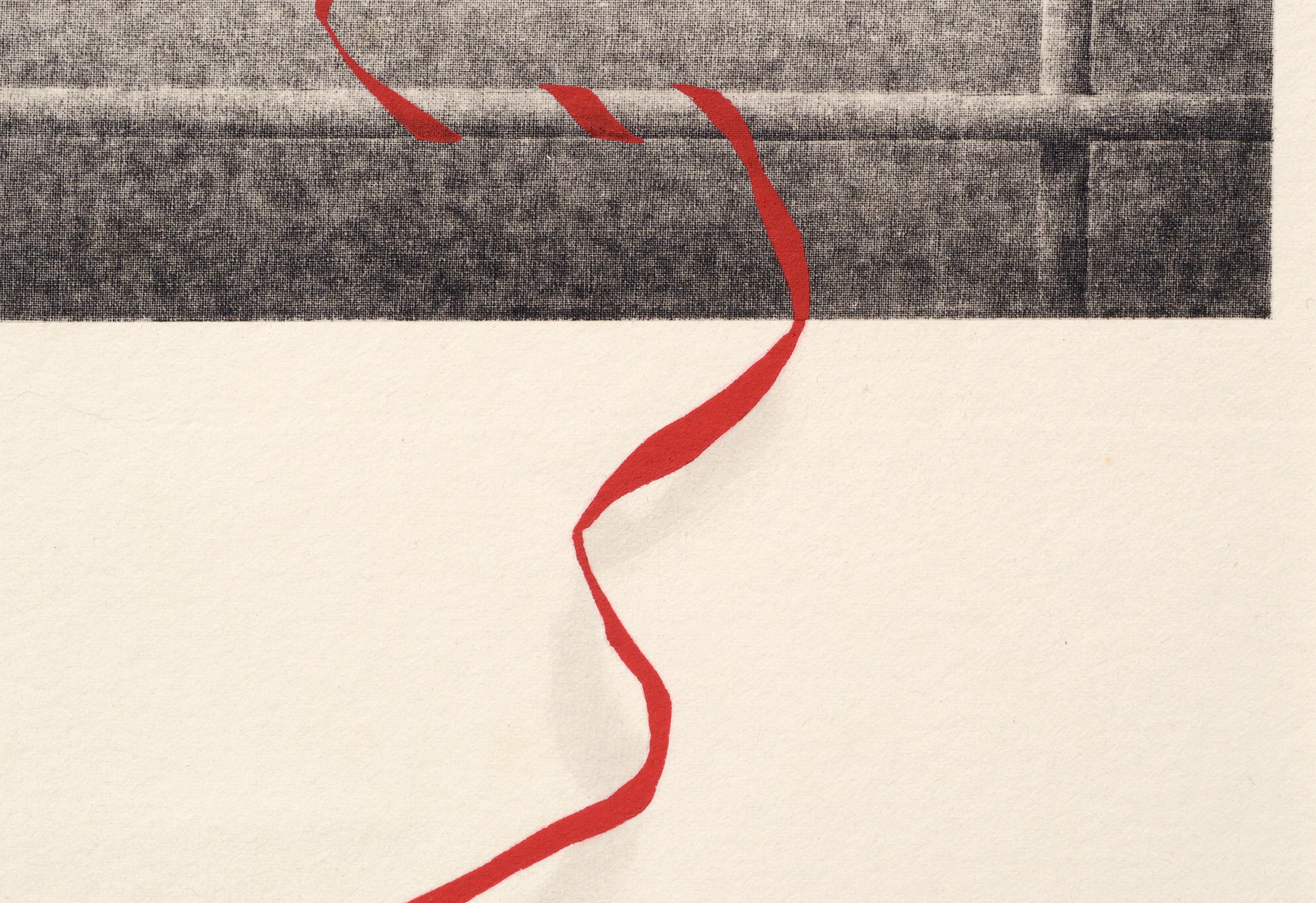 Ribbon rouge à travers la fenêtre - Exceptionnelle lithographie augmentée à la main - Beige Abstract Print par Patricia A Pearce