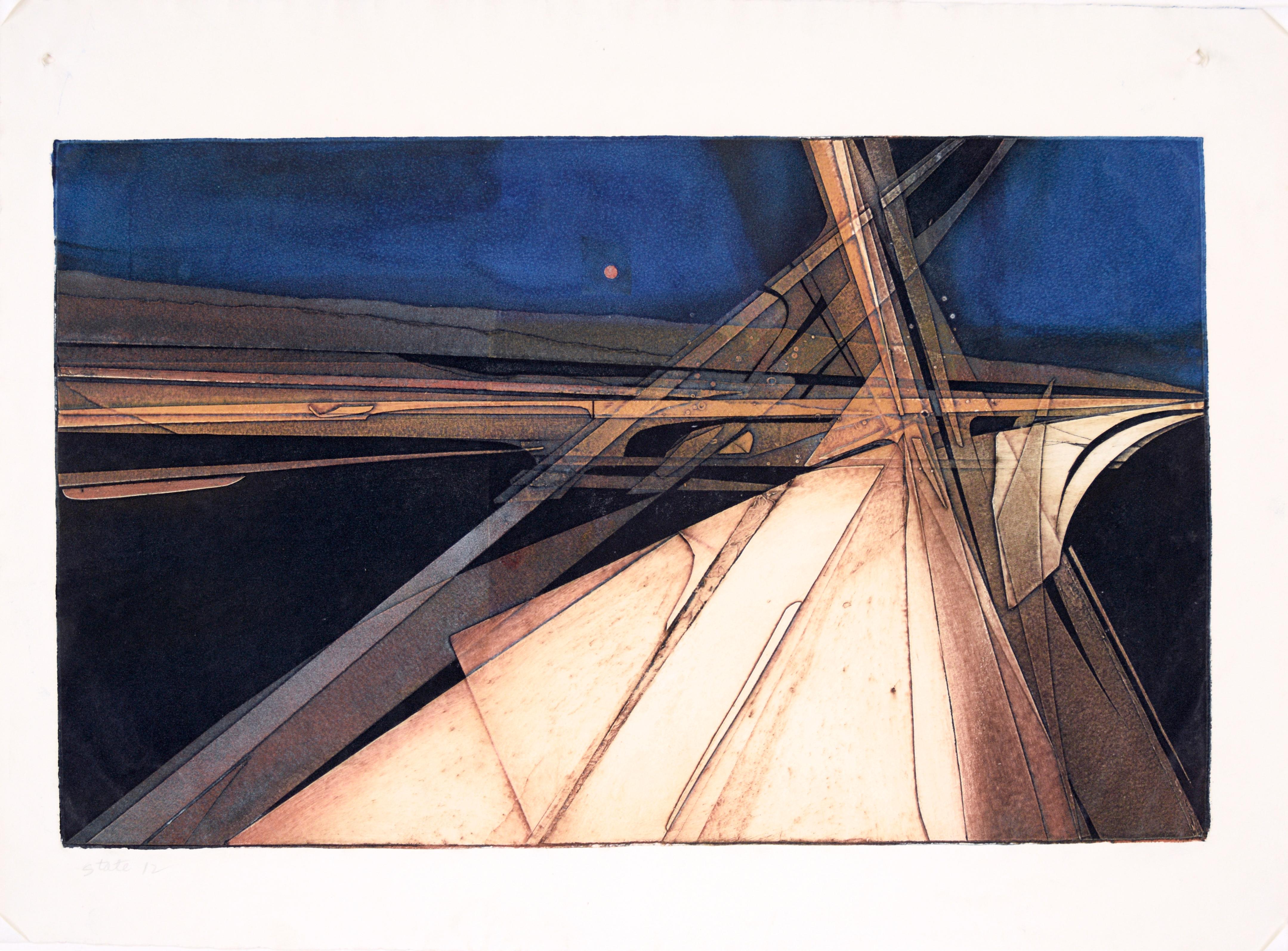 Abstract geometric lithograph by Patricia A. Pearce (American, b. 1948). This piece is unsigned, but was acquired with a collection of other Pearce work. 

Presented in a new off-white mat with foam core backing.
Mat size: 24