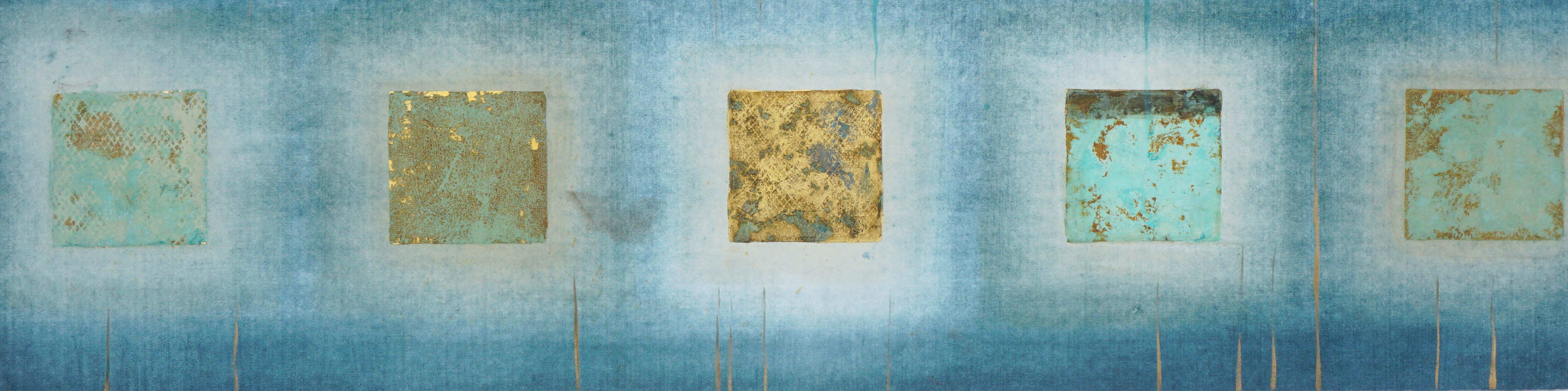 Teal and Gold Squares Collagraph  - Blue Abstract Print by Patricia A Pearce
