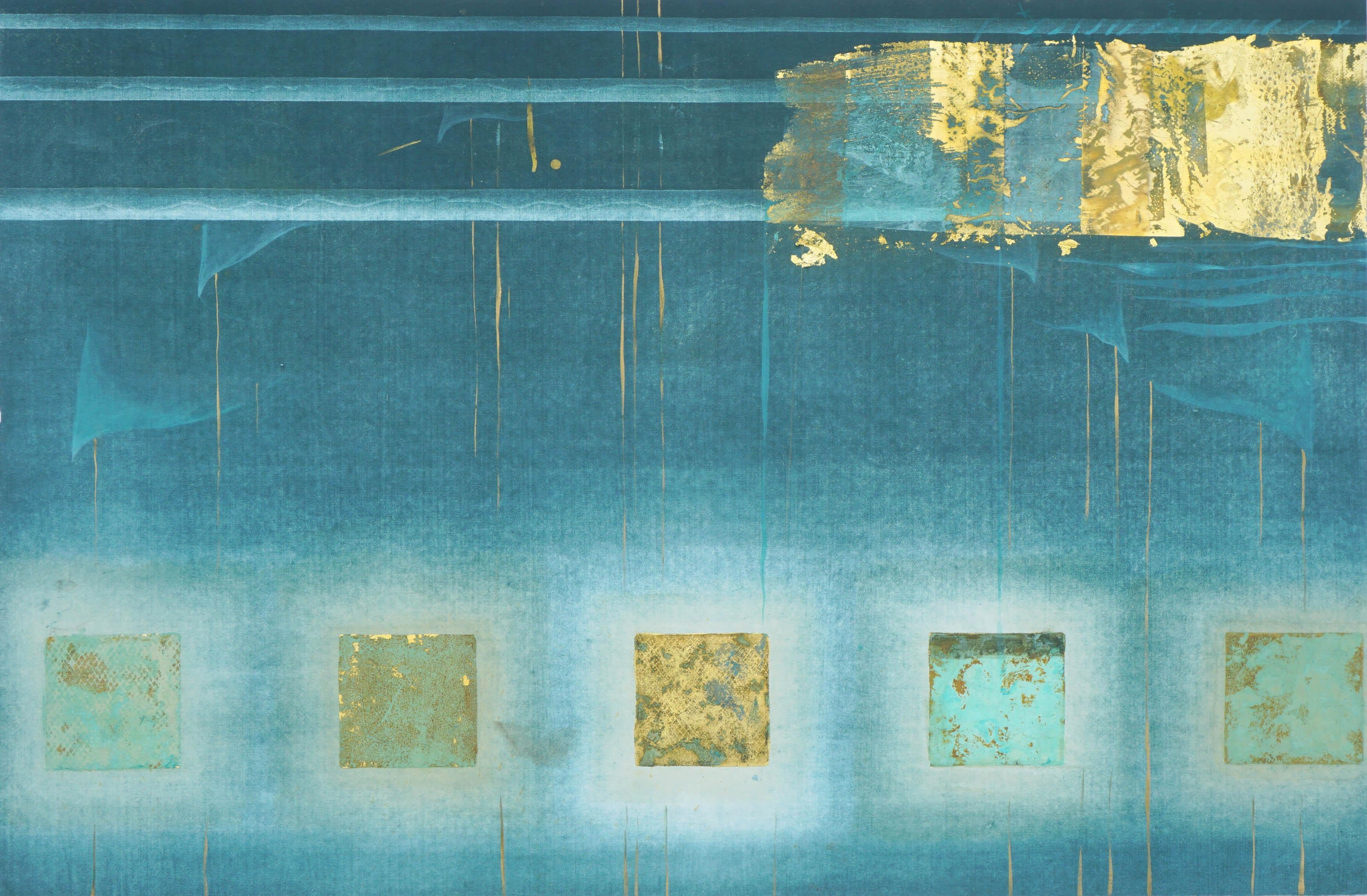Patricia A Pearce Abstract Print - Teal and Gold Squares Collagraph 