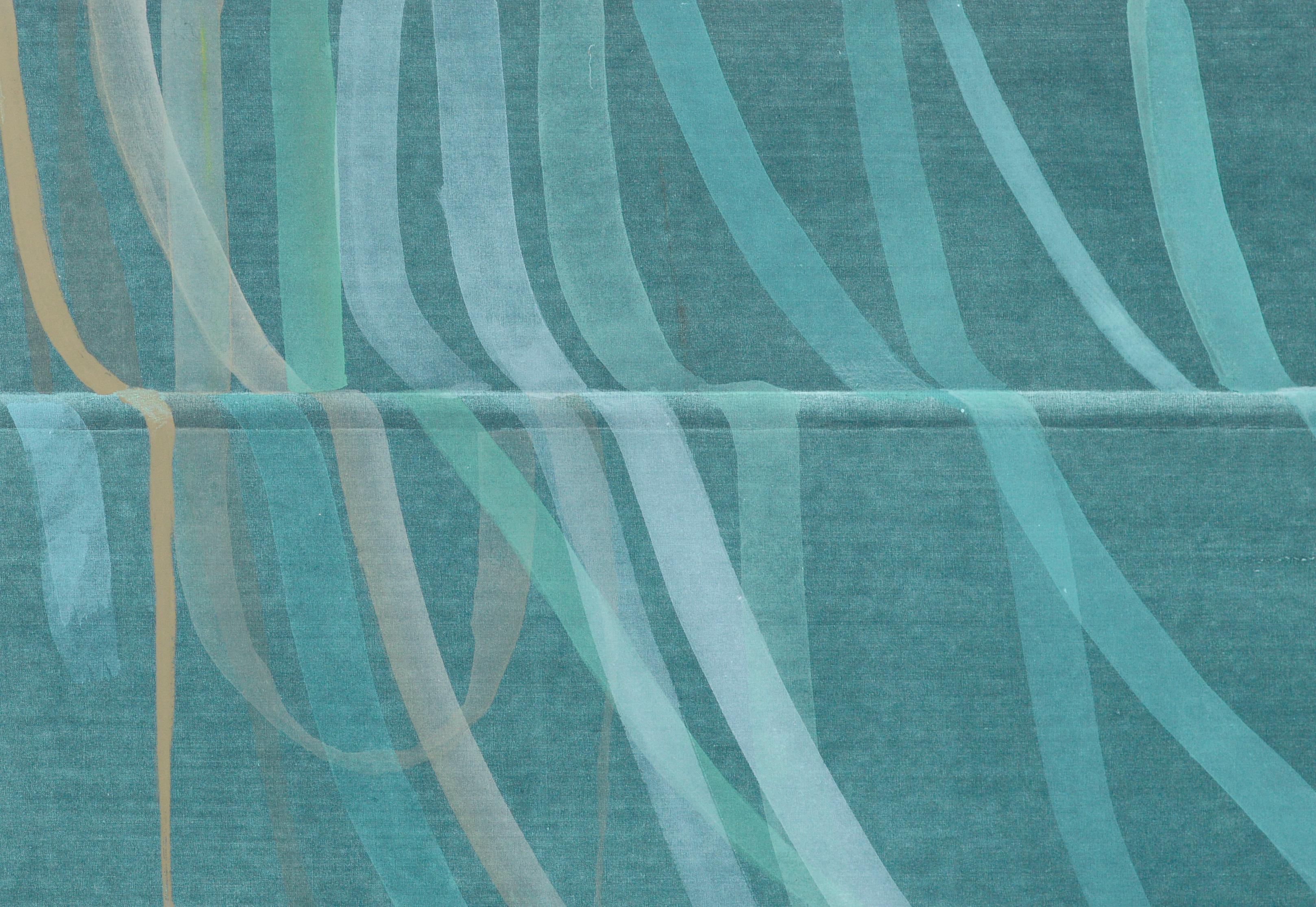 Litografía de cintas verde azulado y cuadrados dorados con pintura fotorrealista - Painting Contemporáneo de Patricia A Pearce