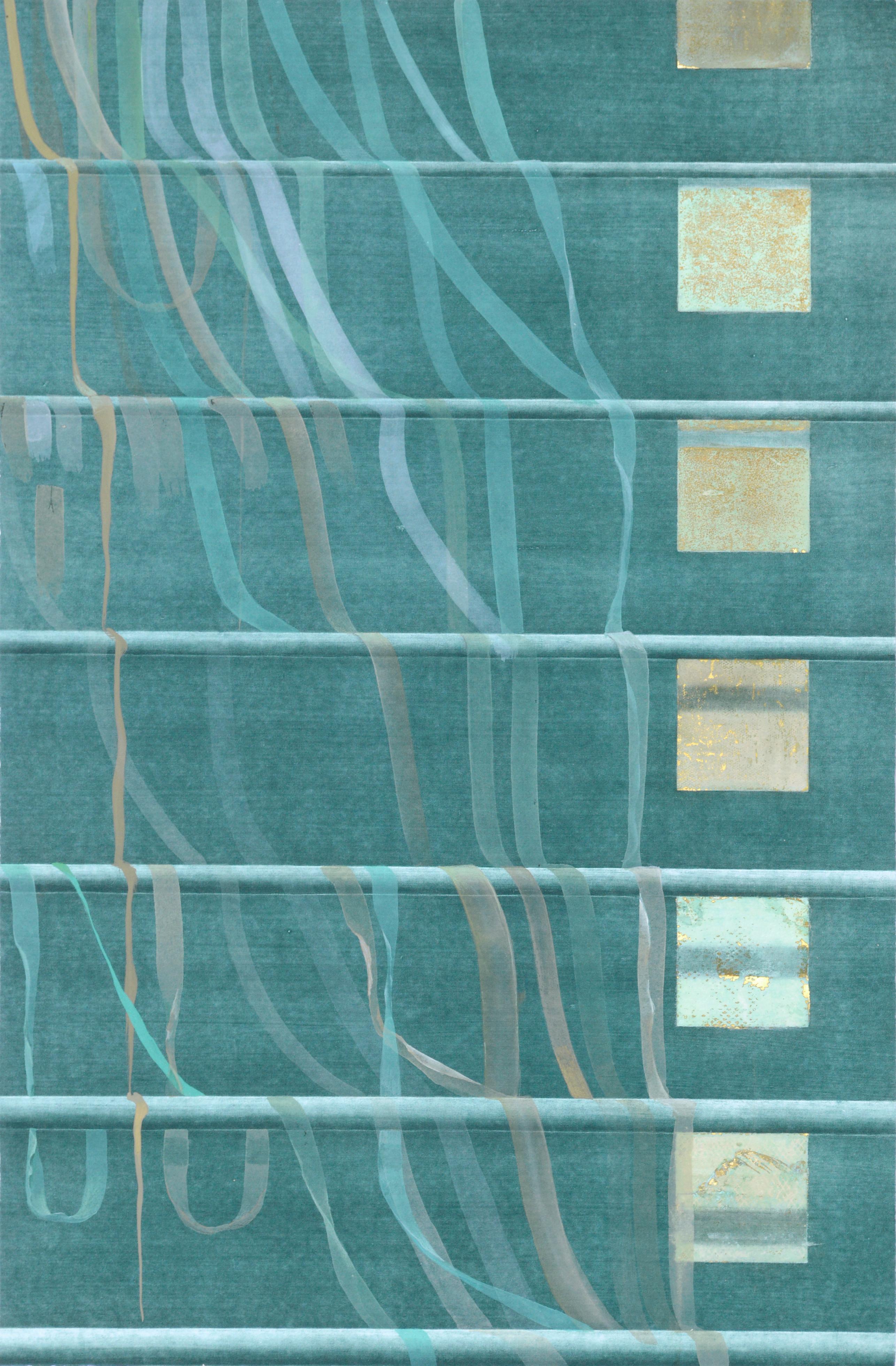 Abstract Painting de Patricia A Pearce - Litografía de cintas verde azulado y cuadrados dorados con pintura fotorrealista