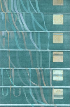Teal Ribbons and Gold Squares Lithograph with Photorealistic Painting