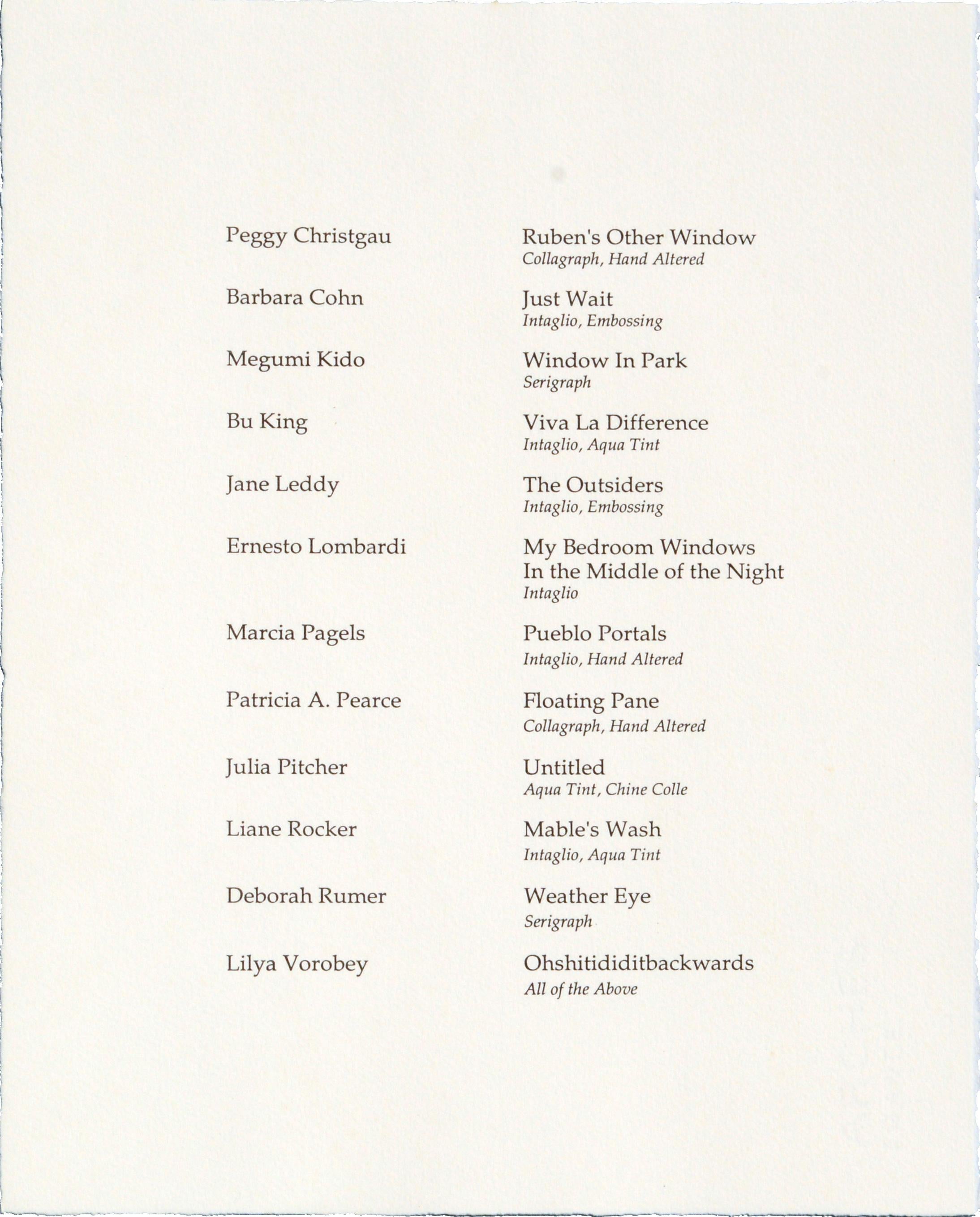 Eine Reihe von Lithografien des Jahrgangs 1989 des College of San Mateo unter der Leitung von Patricia A. Pearce (Amerikanerin, geb. 1948). Die Stücke sind von jedem Künstler einzeln signiert. Jeder Druck ist auf Büttenpapier gedruckt, d.h. sie