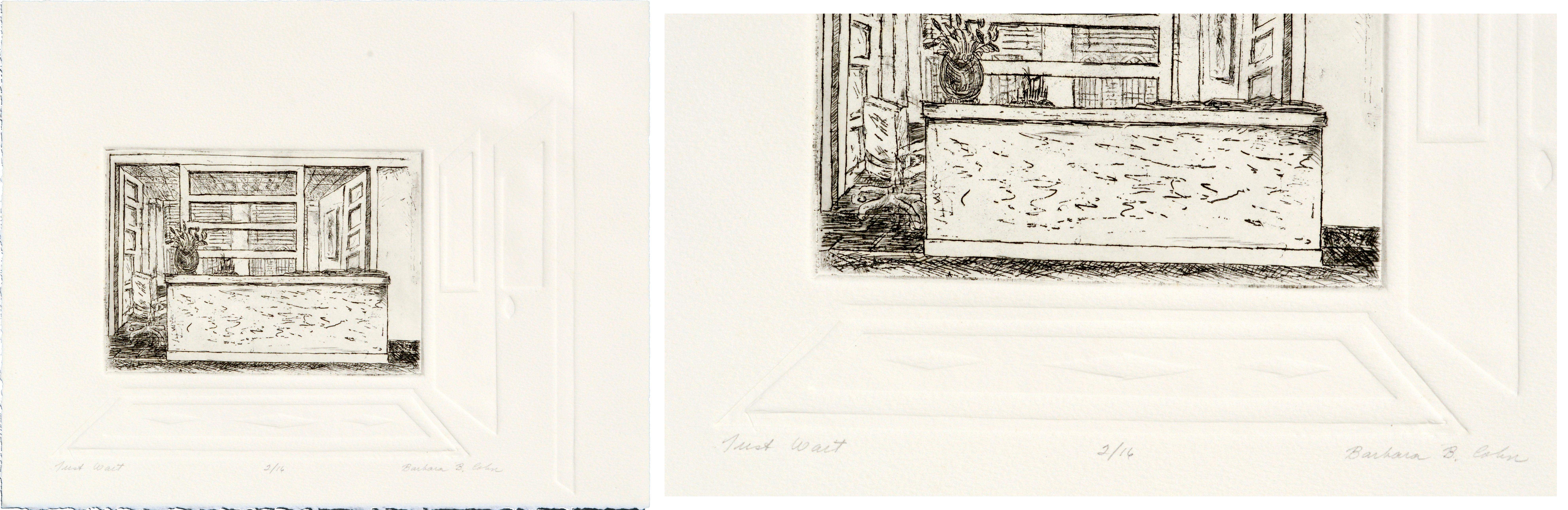 A set of lithographs by College of San Mateo class of 1989, instructed by Patricia A. Pearce (American, b 1948). Pieces are individually signed by each artist. Each print is on laid paper, meaning they all have ragged edges. Presented in a black