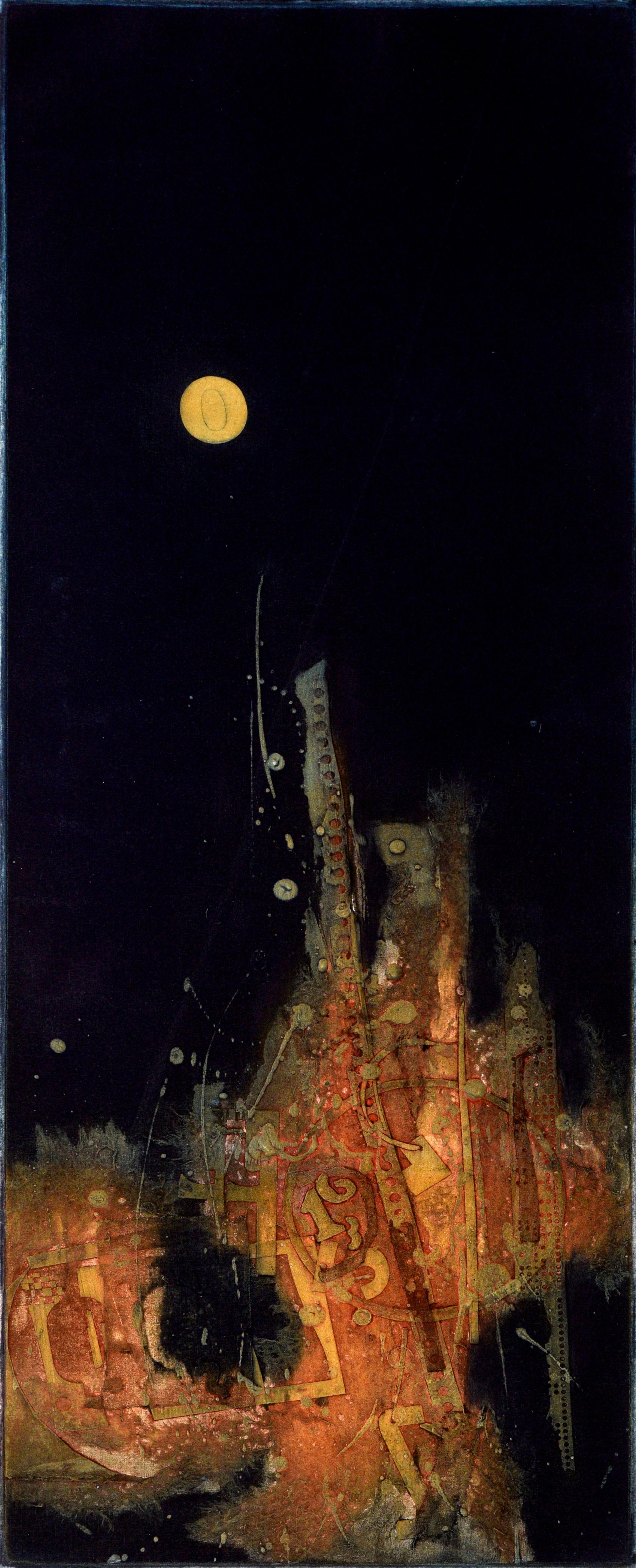 Notturno astratto con luna piena, paesaggio di lava, litografia - Print di Patricia A Pearce
