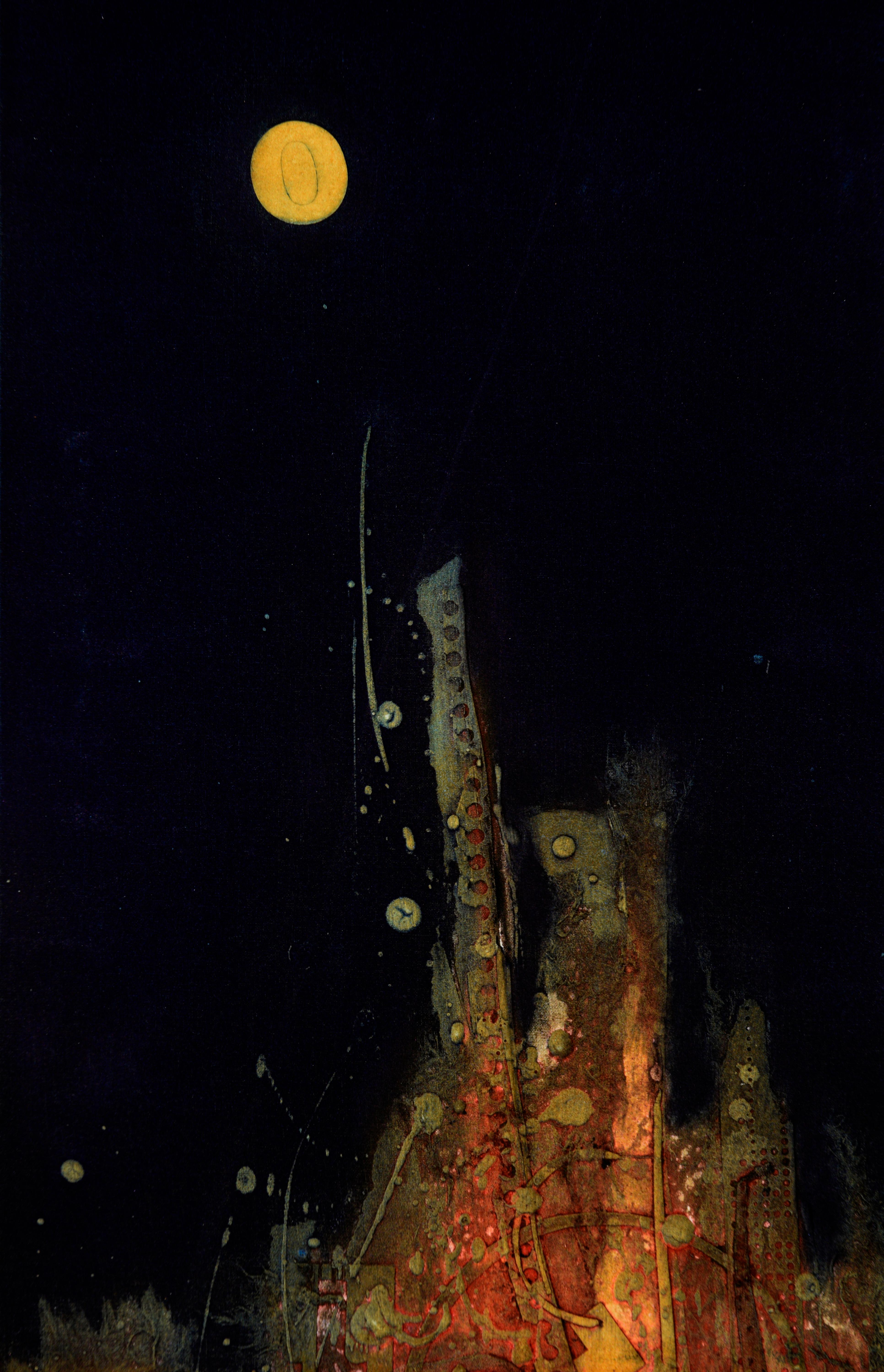 Dramatic and compelling abstract lithograph of an abstracted lava-like form or glowing skyline under a full moon on a pitch black background by Patricia A. Pearce (American, b. 1948). Unsigned and unframed. Purchased as part of the artist's