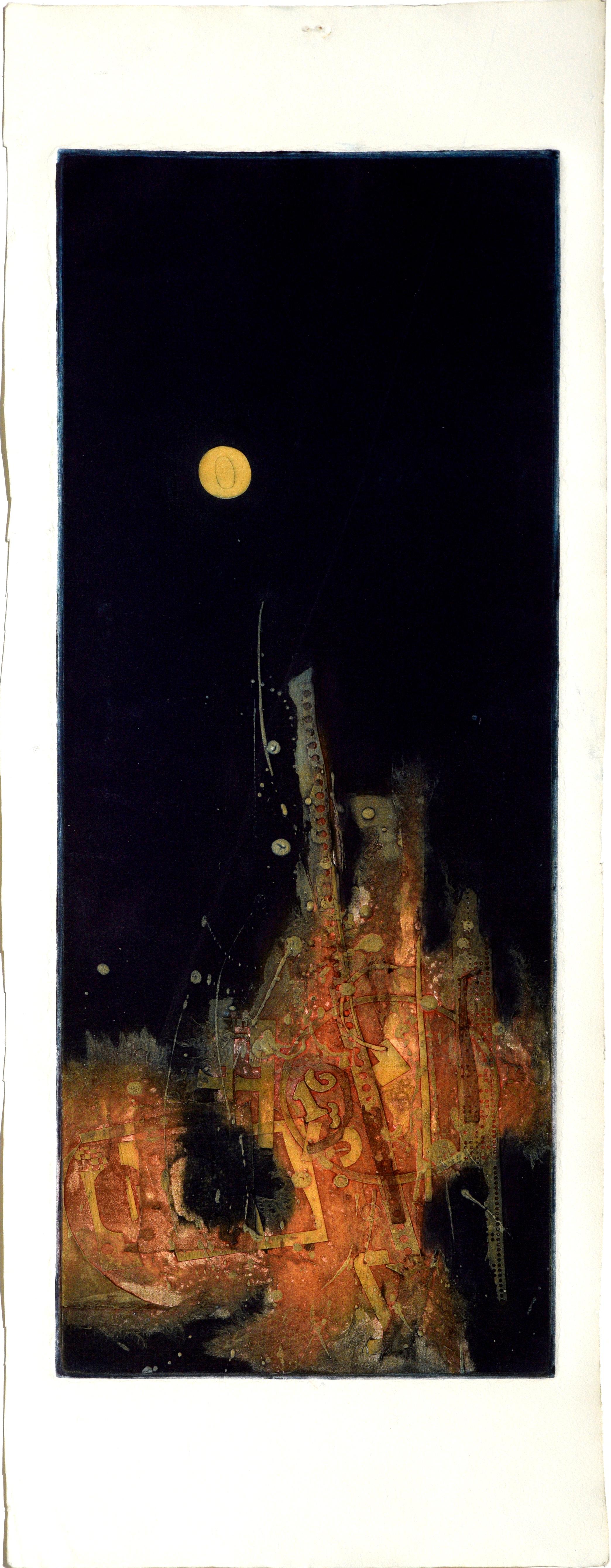 Notturno astratto con luna piena, paesaggio di lava, litografia