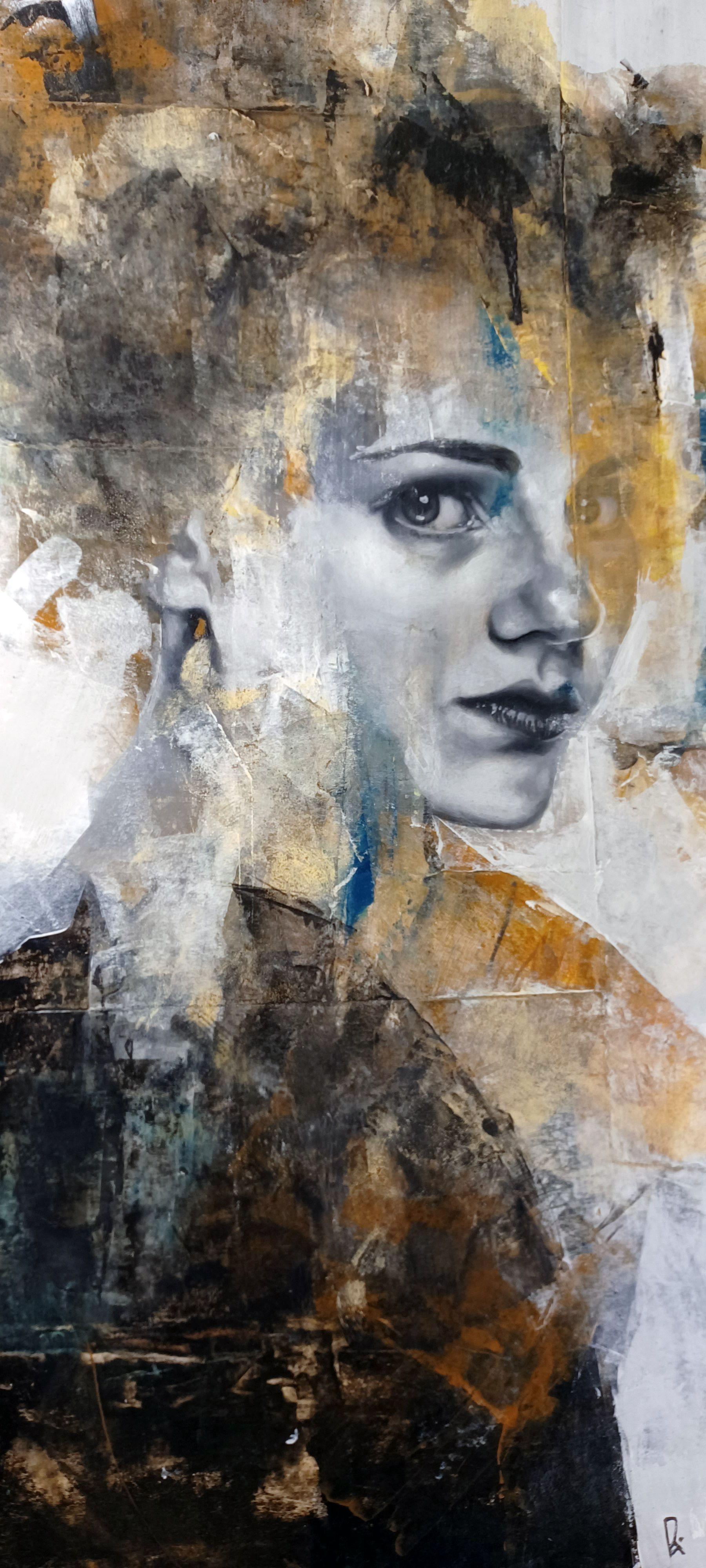 Medium: Öl, Acryl, Kaltwachs auf Papier Abmessungen: 19 x 24 Zoll Jahr der Fertigstellung: 2022 Diese Arbeit ist der Beginn einer neuen Serie mit dem Titel Songs for the Lone & Forgotten, in der ich die Möglichkeiten der zerrissenen, strukturierten