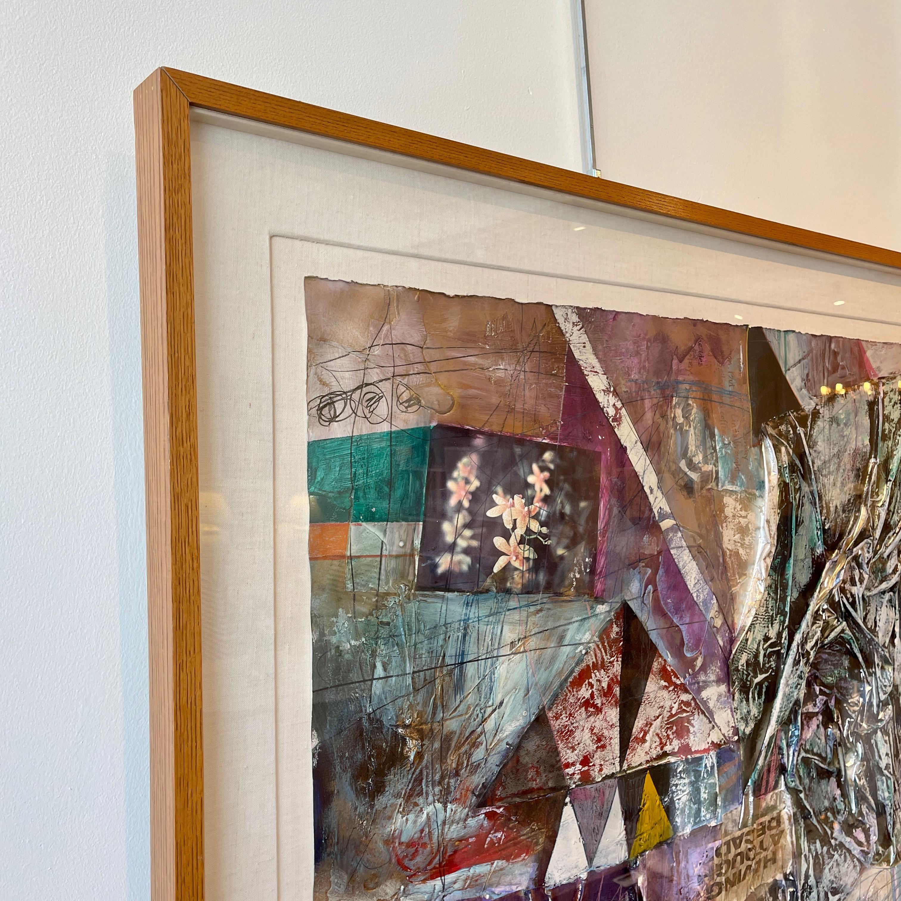 Large scale mixed media postmodern collage by Patricia A. Beatty. Beautifully framed in a mahogany deep set shadow box style frame. Frame is 2.25
