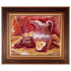 Patricia Burnett Still Life in Red Signed Mid-Century Modern Oil on Board Framed
