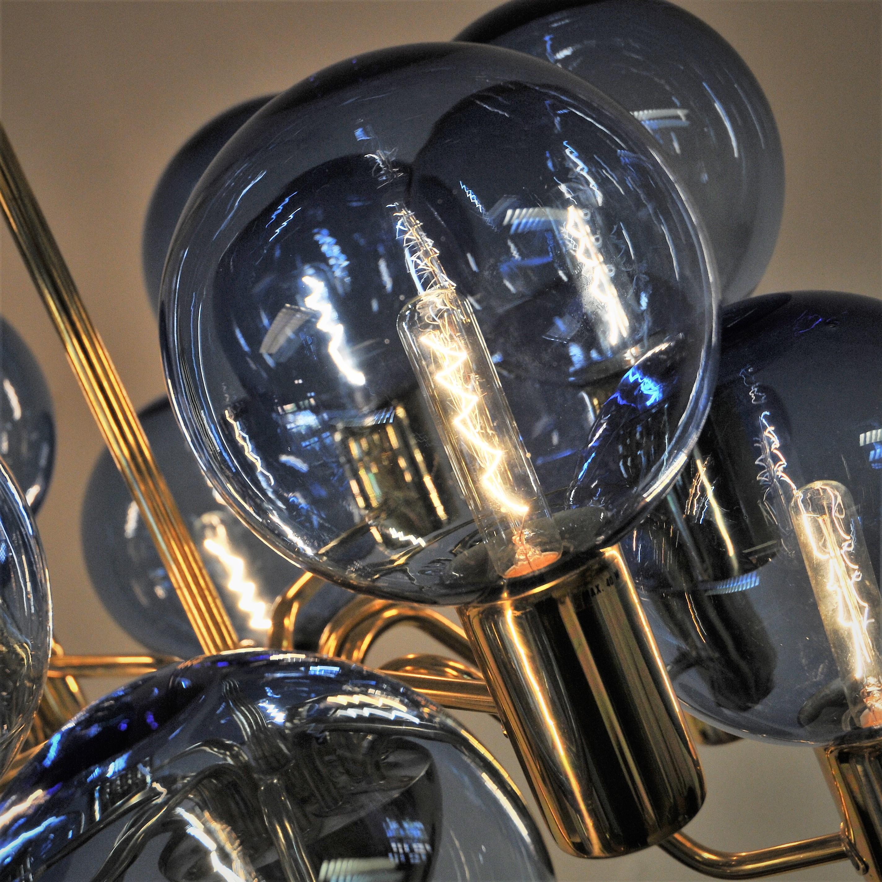 Brass Patricia Chandelier with Blue Glass Mod T372/12 by Hans-Agne Jakobsson, Sweden